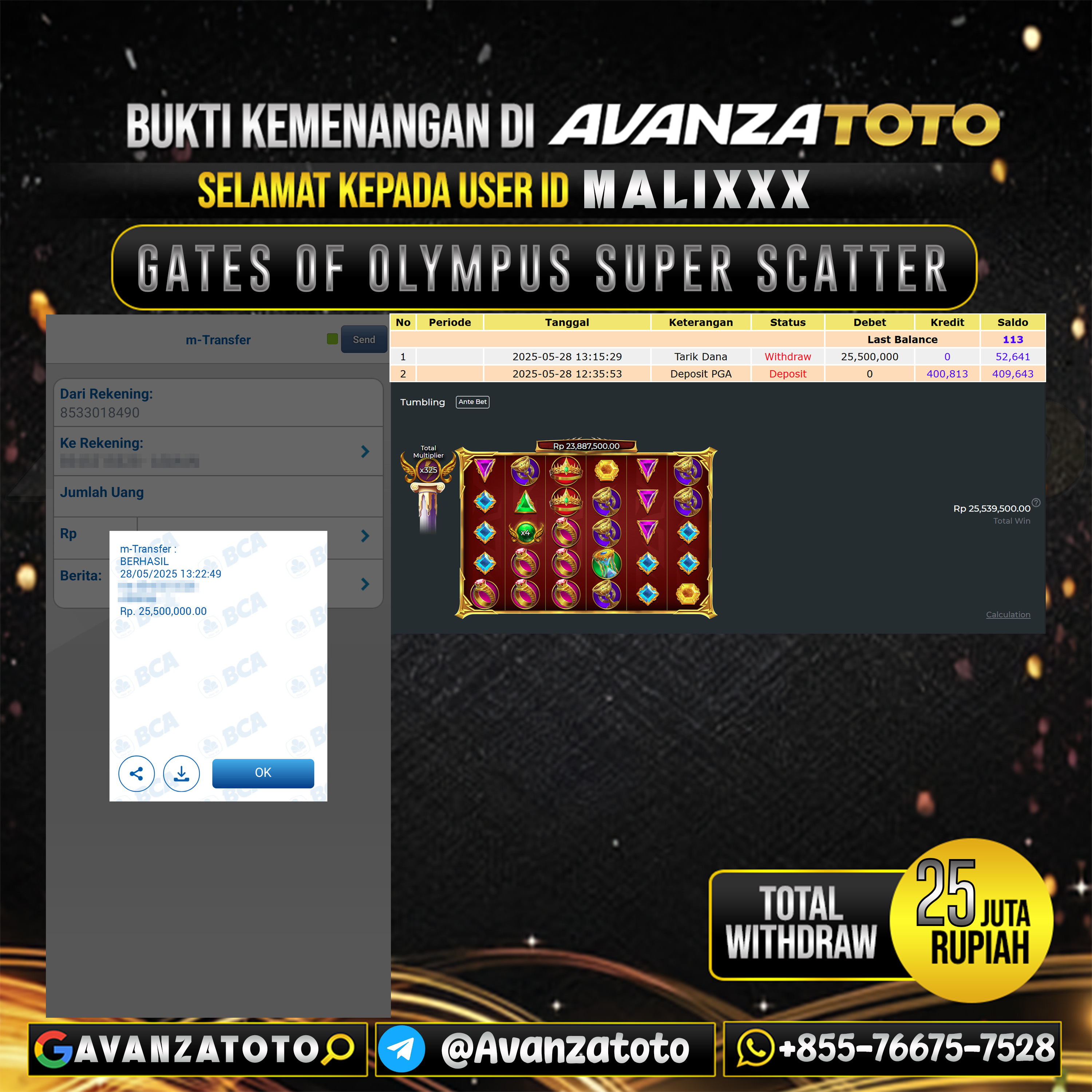 AVANZATOTO JACKPOT SLOT GATES OF OLYMPUS SUPER SCATTER Rp.25.000.000,-LUNAS USER ID: MALI***