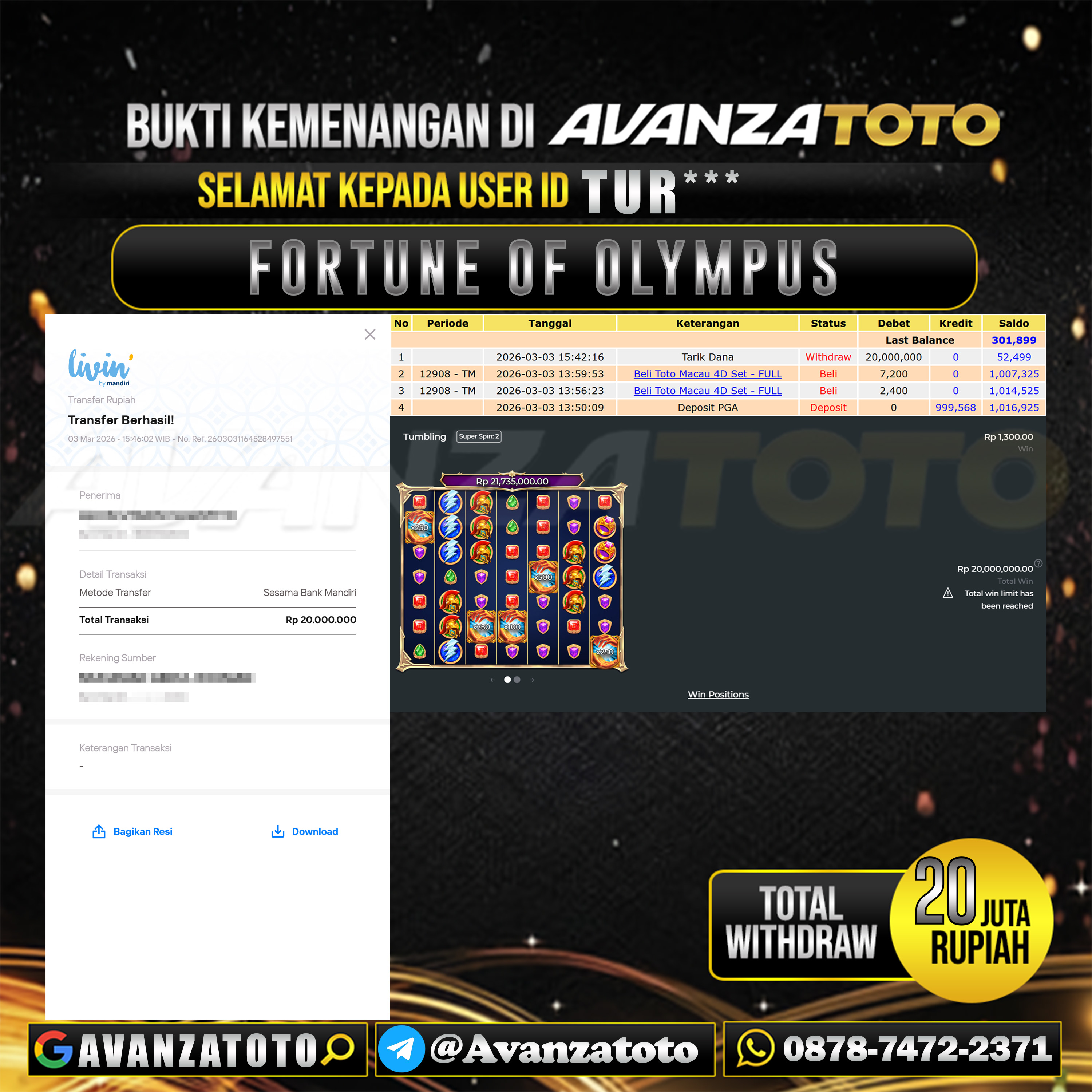 AVANZATOTO JACKPOT SLOT FORTUNE OF OLYMPUS Rp.20.000.000,-LUNAS USER ID : TUR*** 