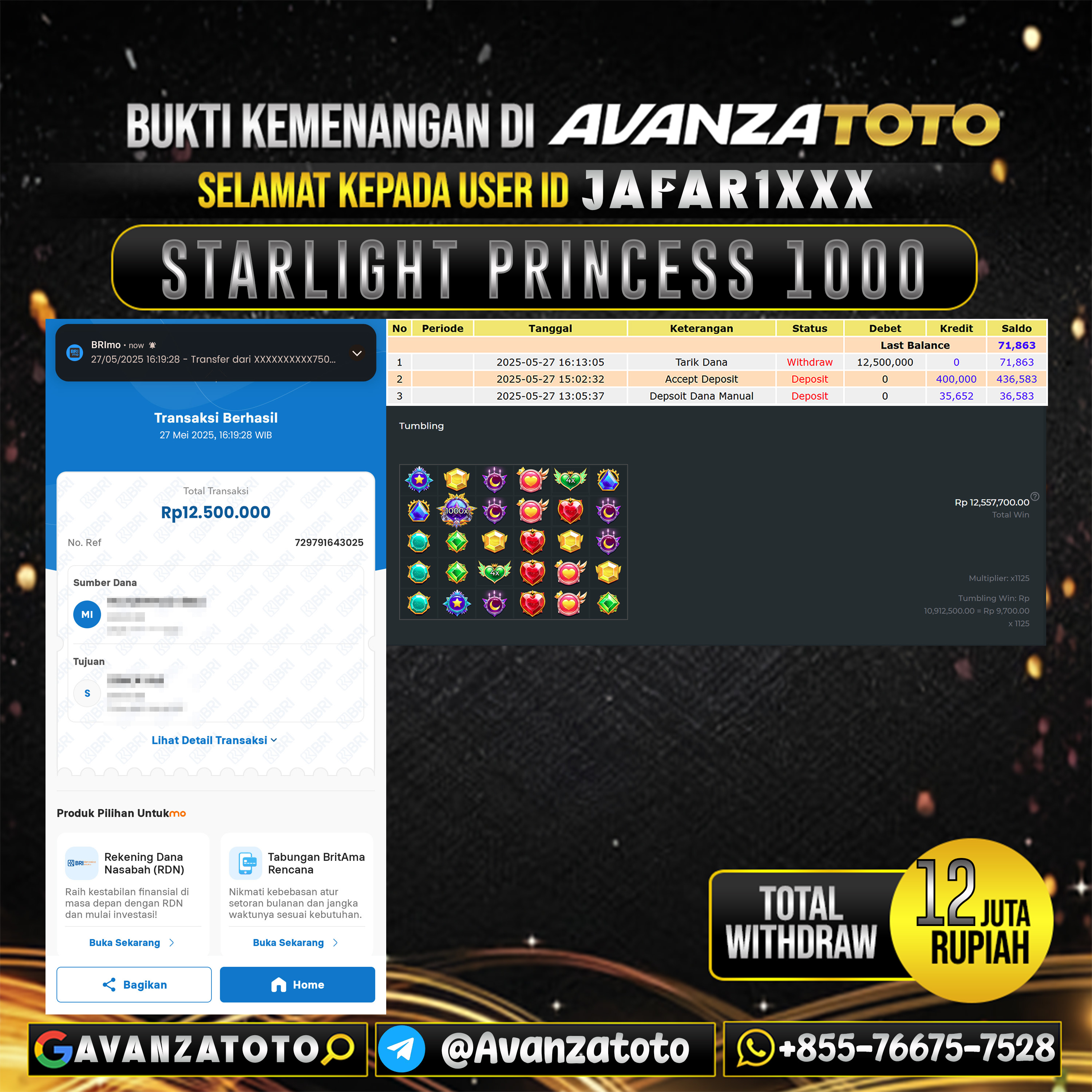 AVANZATOTO JACKPOT SLOT STARLIGHT PRINCESS 1000 Rp.12.000.000,-LUNAS USER ID:JAFAR1***
