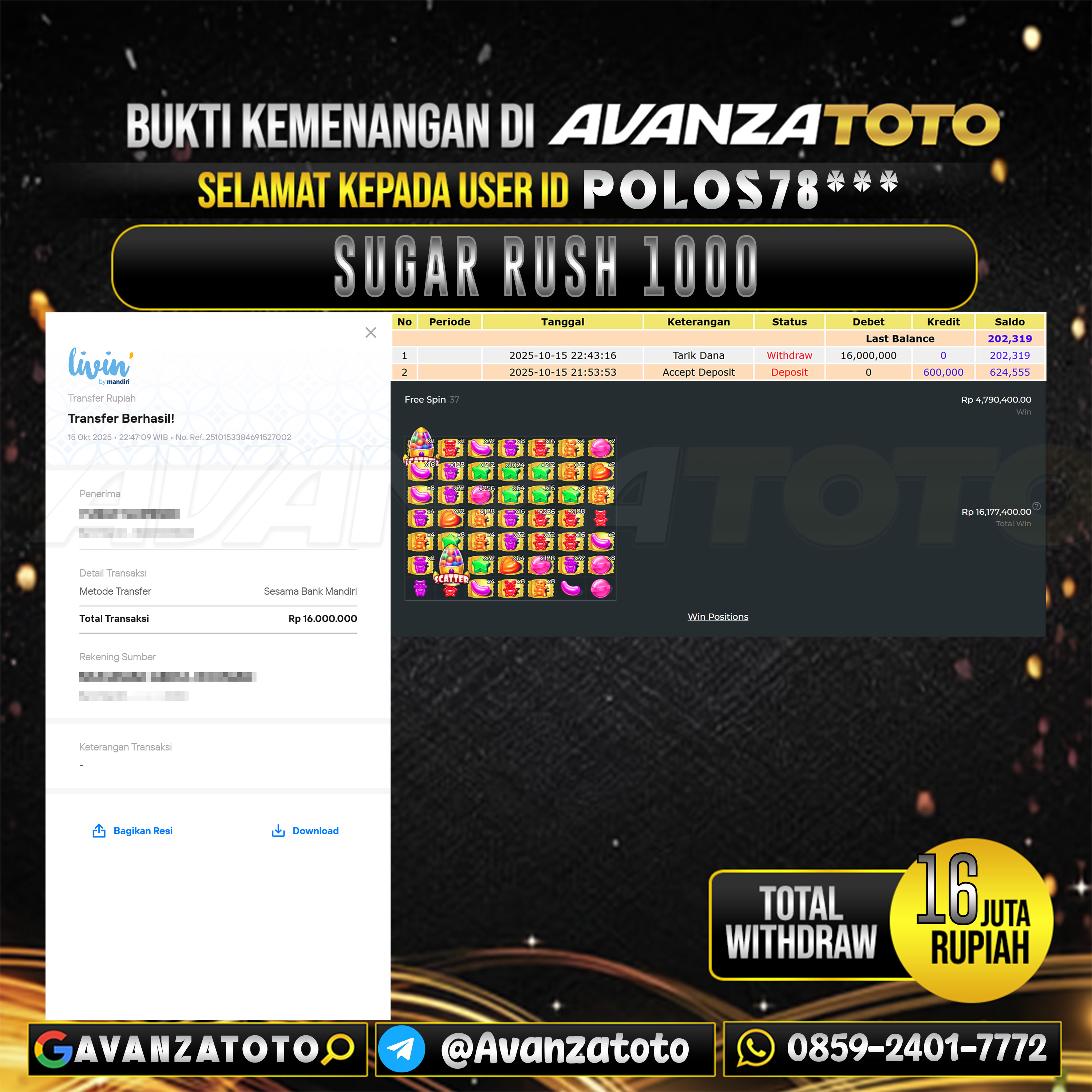 AVANZATOTO JACKPOT SLOT SUGAR RUSH 1000 Rp.16.000.000,-LUNAS USER ID: POLOS78***