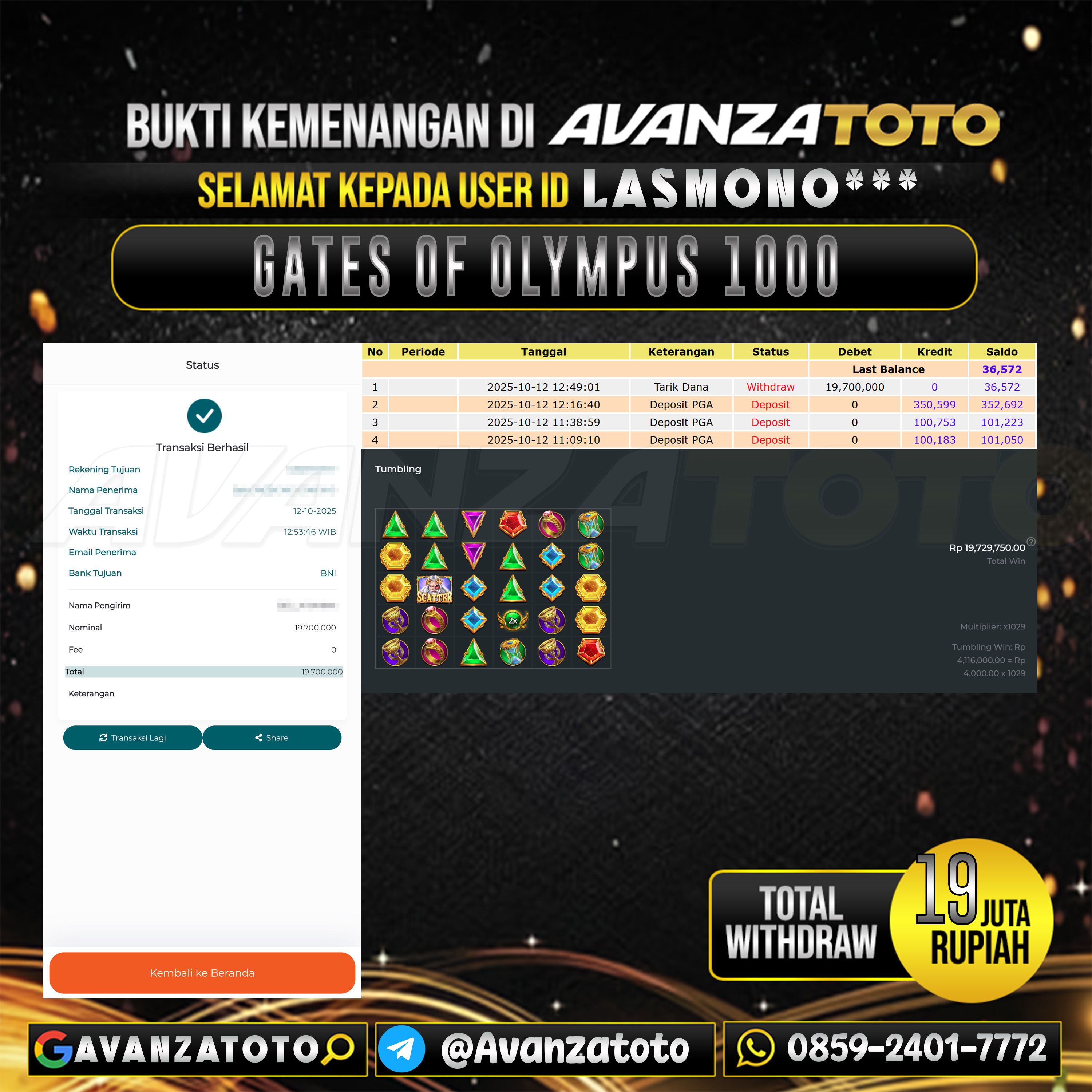 AVANZATOTO JACKPOT SLOT GATES OF OLYMPUS 1000 Rp.19.000.000,-LUNAS USER ID : LASMONO***