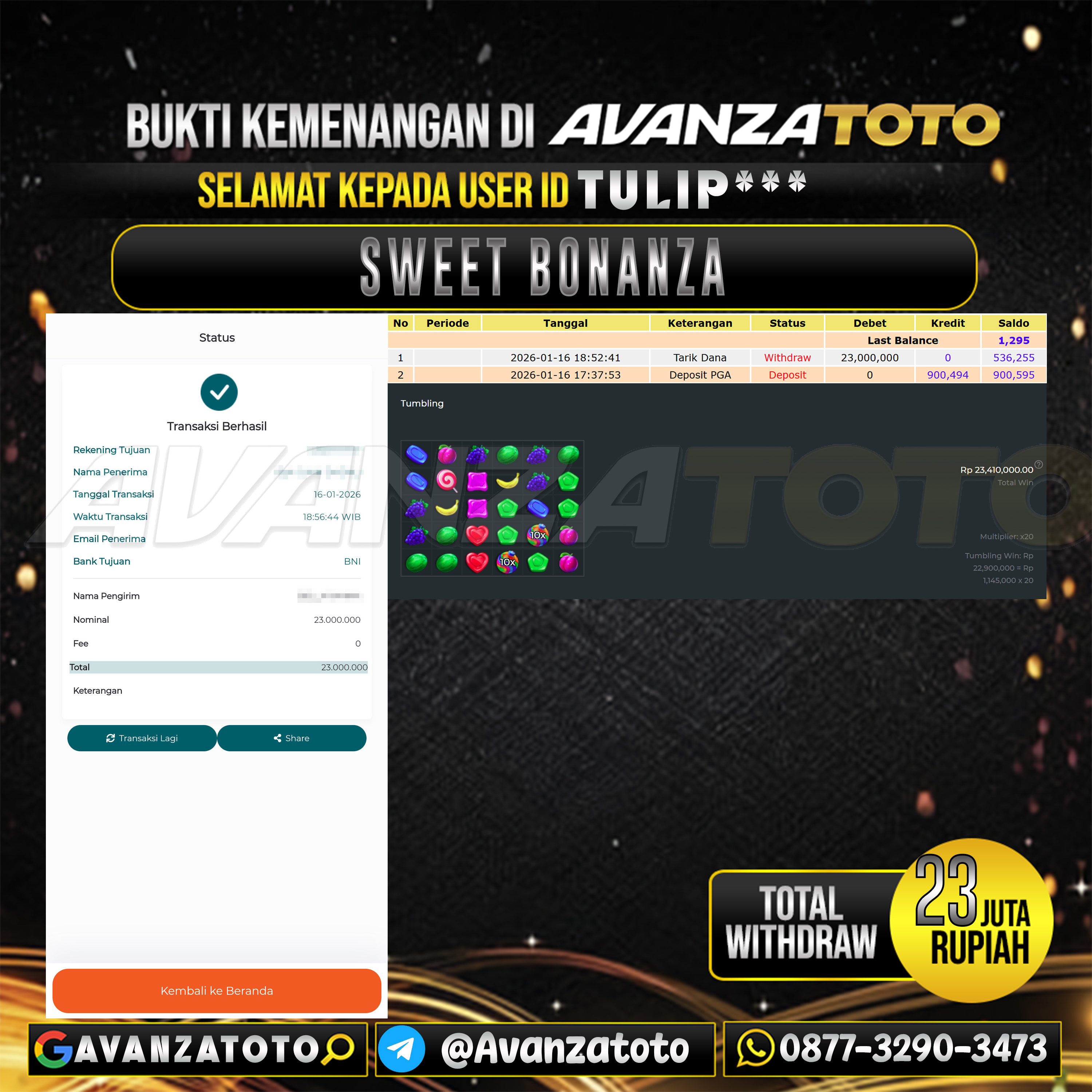 AVANZATOTO JACKPOT SLOT SWEET BONANZA Rp.23.000.000,-LUNAS USER ID : TULIP***