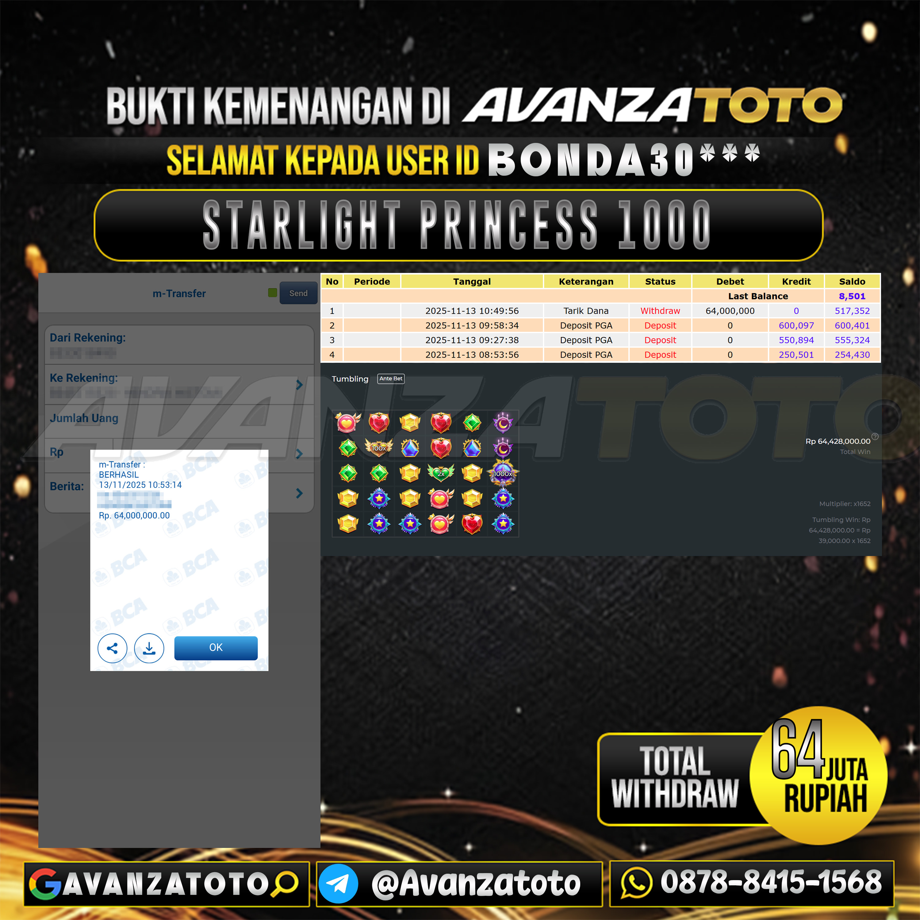 AVANZATOTO JACKPOT SLOT STARLIGHT PRINCESS 1000 Rp.64.000.000,-LUNAS USER ID: BONDA30***