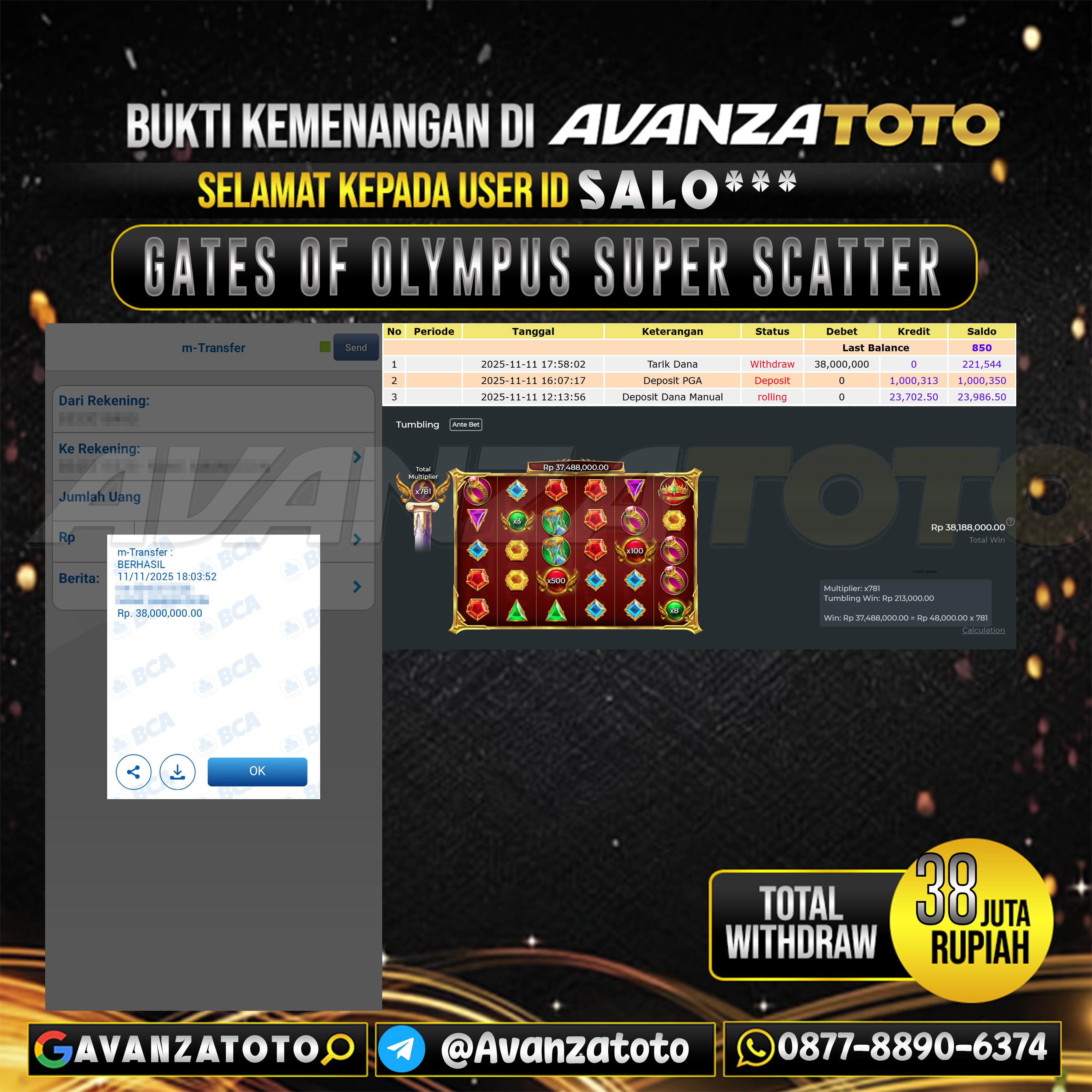 AVANZATOTO JACKPOT SLOT GATES OF OLYMPUS SUPER SCATTER Rp.38.000.000,-LUNAS USER ID: SALO***