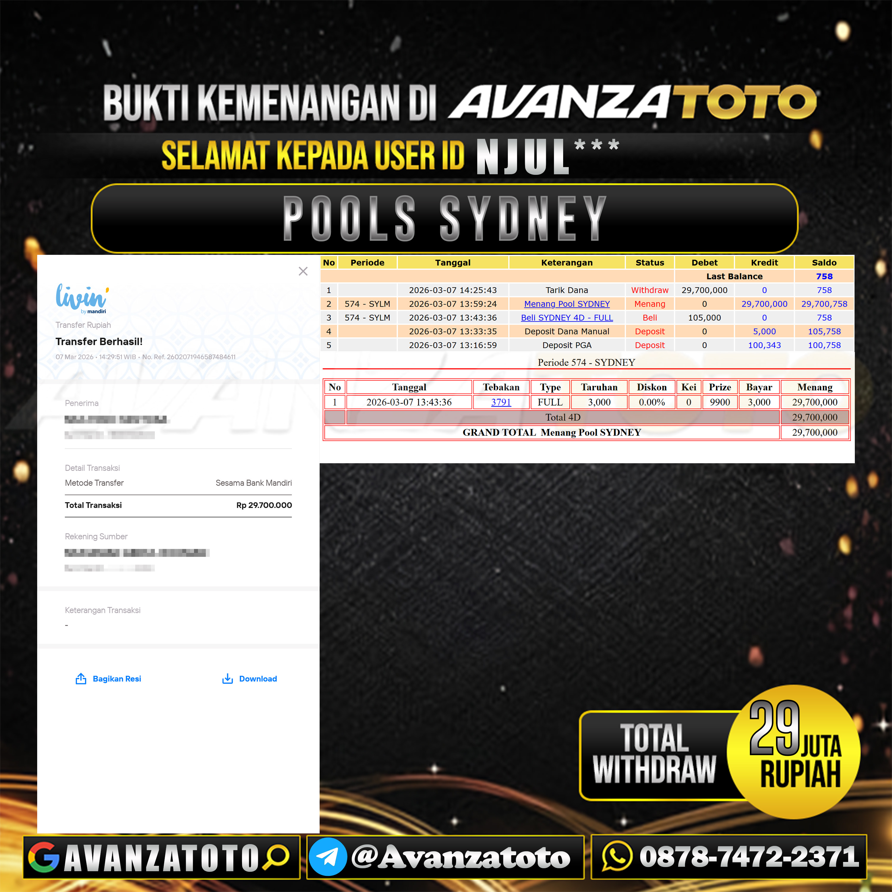 AVANZATOTO JACKPOT TOGEL PASARAN SYDNEY Rp.29.000.000,-LUNAS USER ID : NJUL*** 