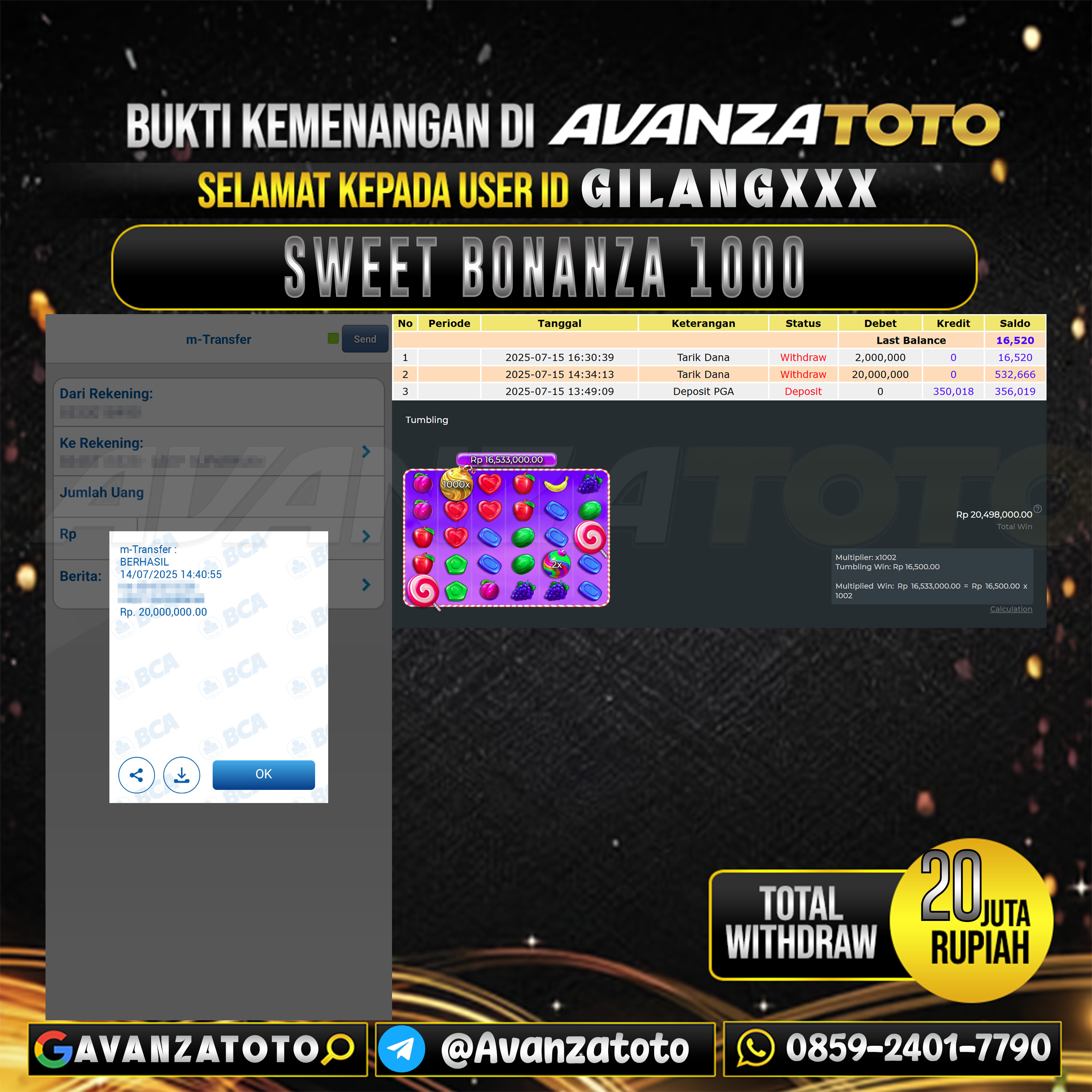 AVANZATOTO JACKPOT SLOT SWEET BONANZA 1000 Rp.-20.000.000,-LUNAS USER ID: GILANG***