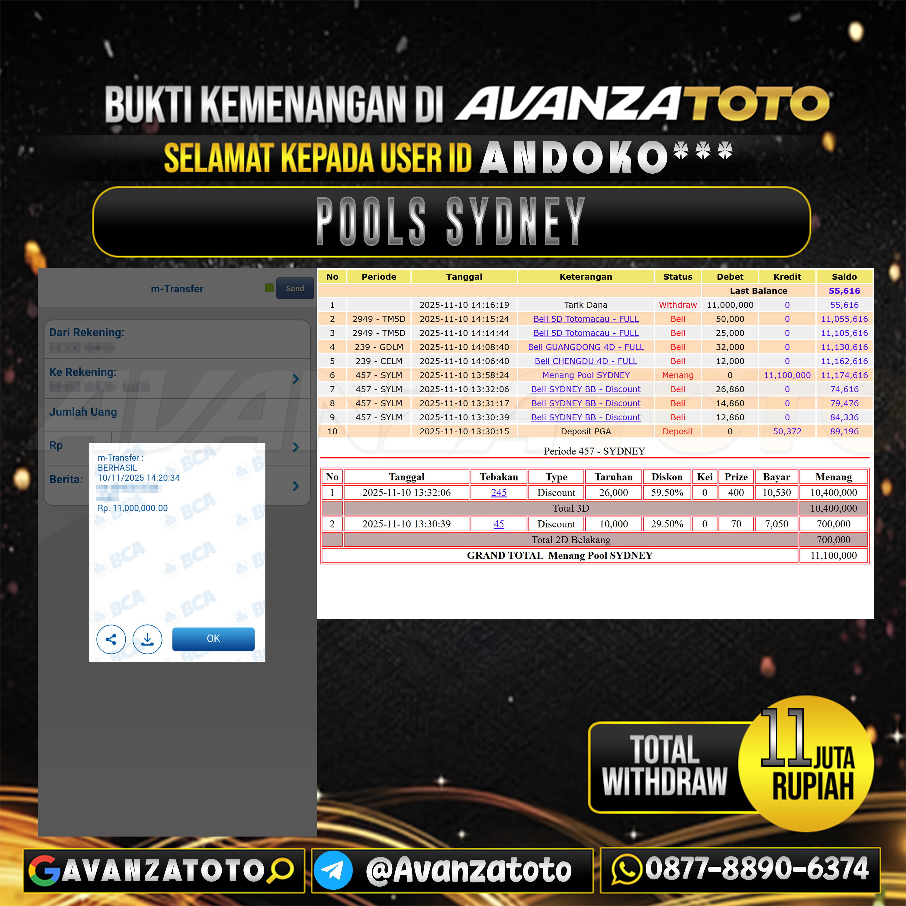 AVANZATOTO JACKPOT TOGEL PASARAN SYDNEY Rp.11.000.000,-LUNAS USER ID: ANDOKO***