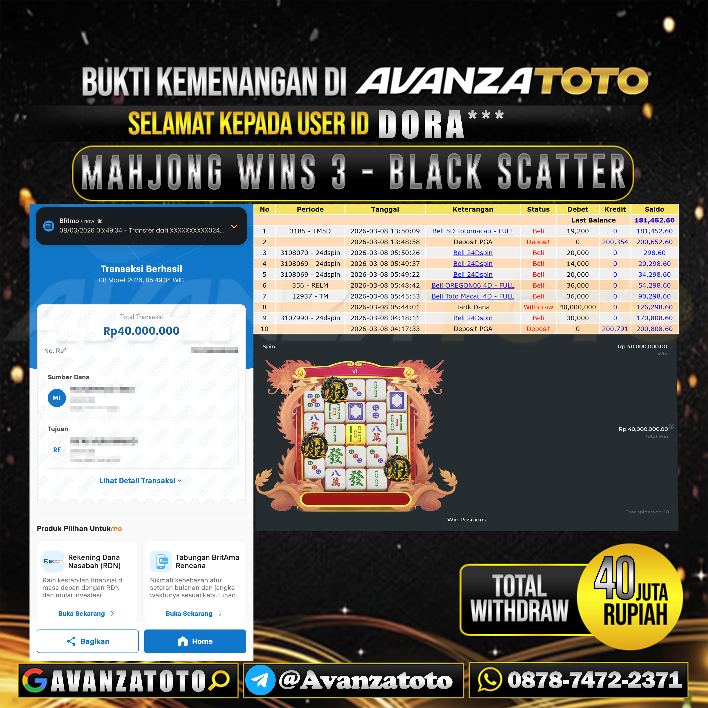 AVANZATOTO JACKPOT SLOT MAHJONG WINS 3 - BLACK SCATTER Rp.40.000.000,-LUNAS USER ID : DORA*** 