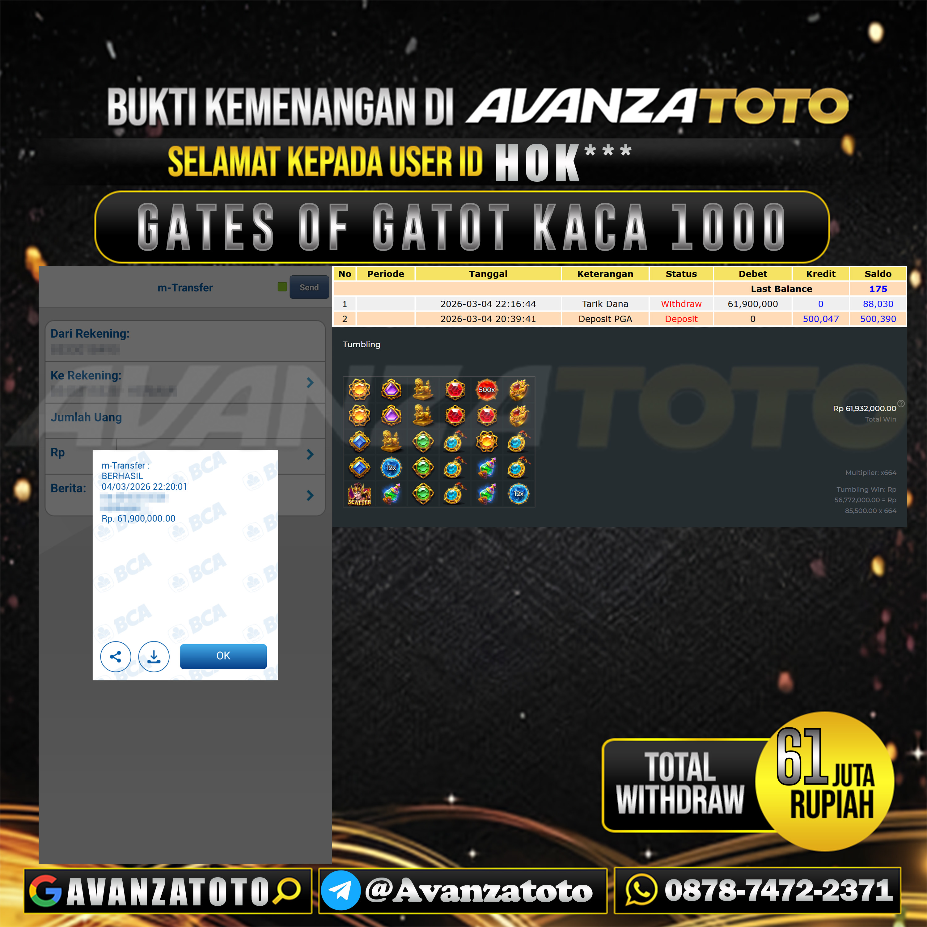 AVANZATOTO JACKPOT SLOT GATES OF GATOT KACA 1000 Rp.61.000.000,-LUNAS USER ID : HOK*** 