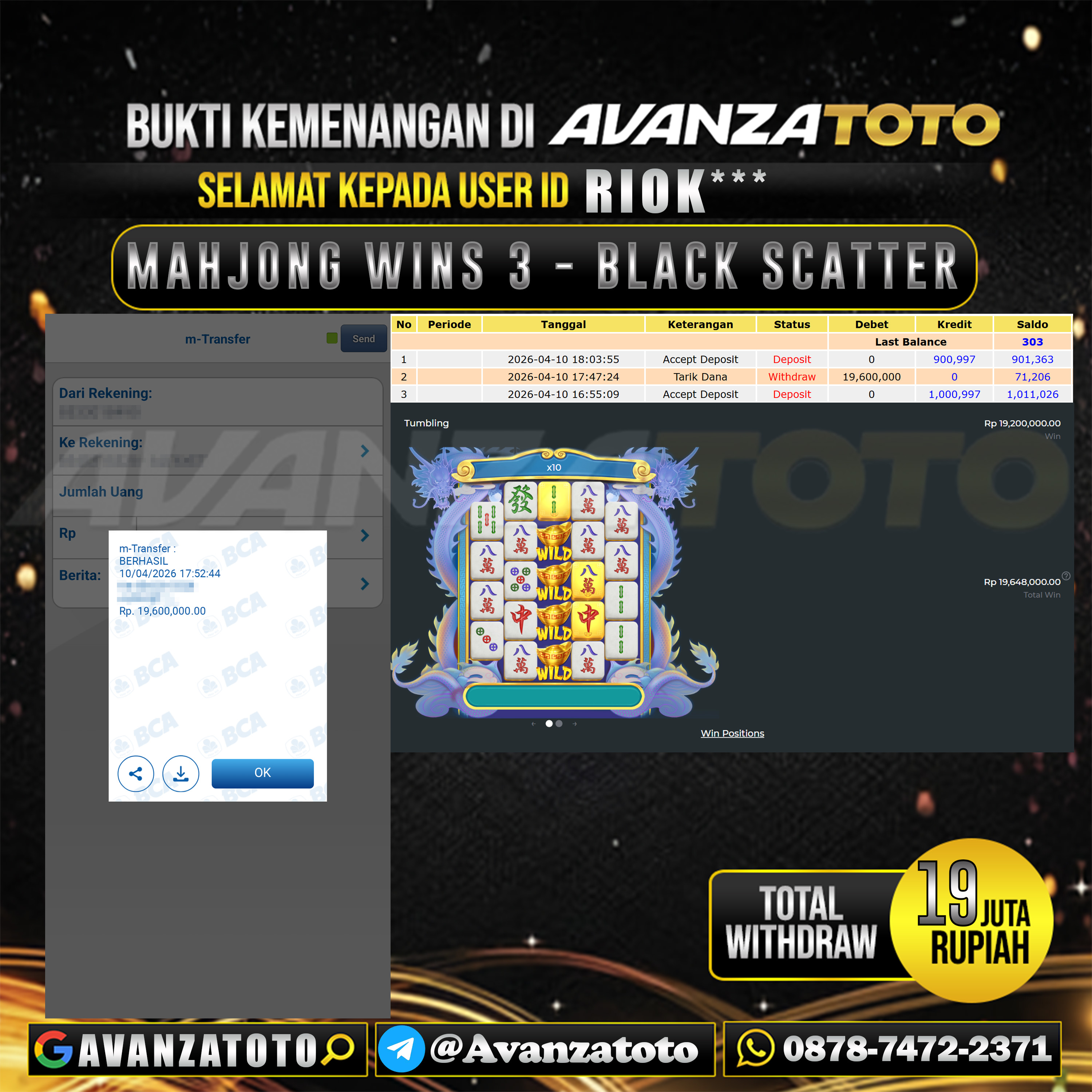 AVANZATOTO JACKPOT SLOT MAHJONG WINS 3 - BLACK SCATTER Rp.19.000.000,-LUNAS USER ID : RIOK*** 