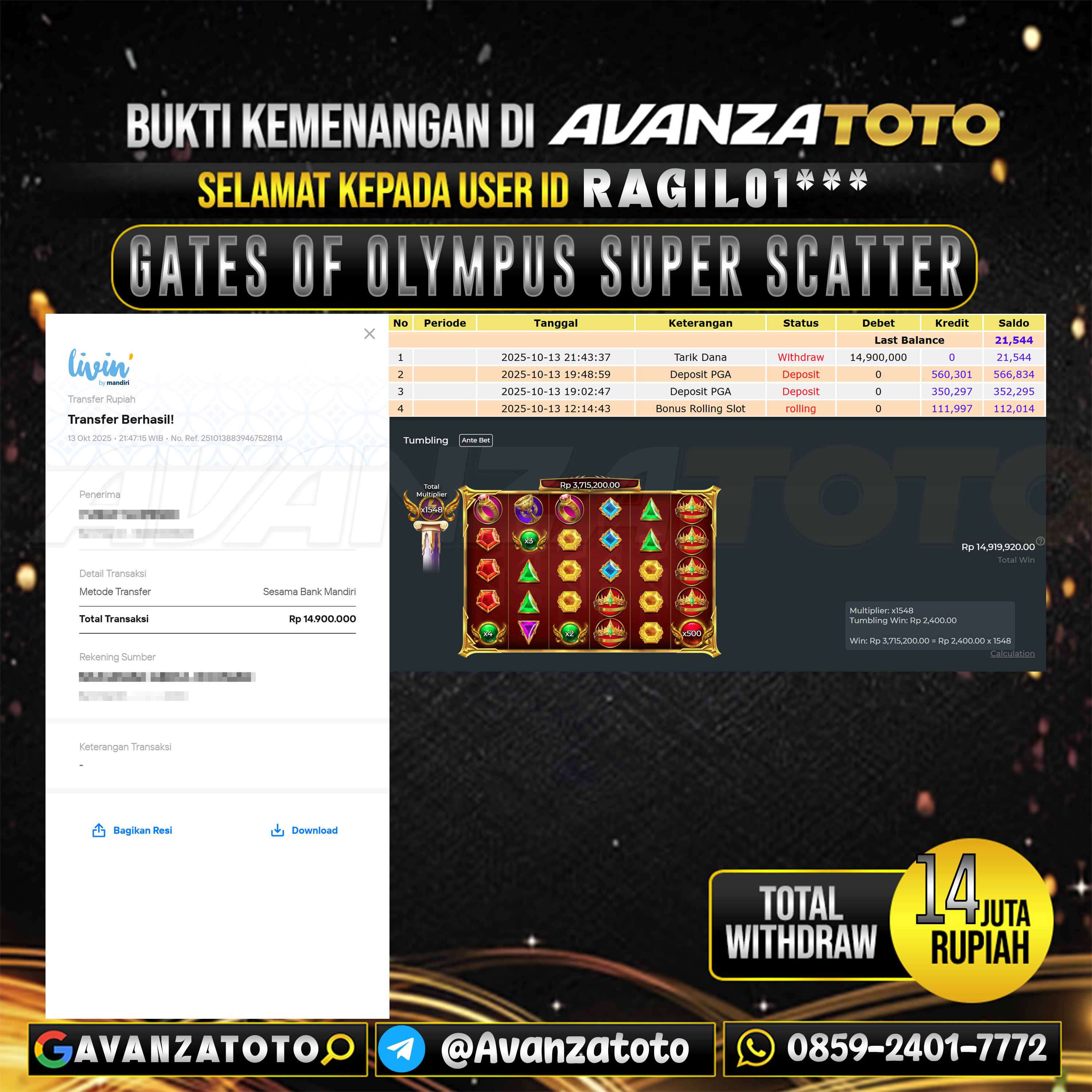 AVANZATOTO JACKPOT SLOT GATES OF OLYMPUS SUPER SCATTER Rp.14.000.000,-LUNAS USER ID : RAGIL01***