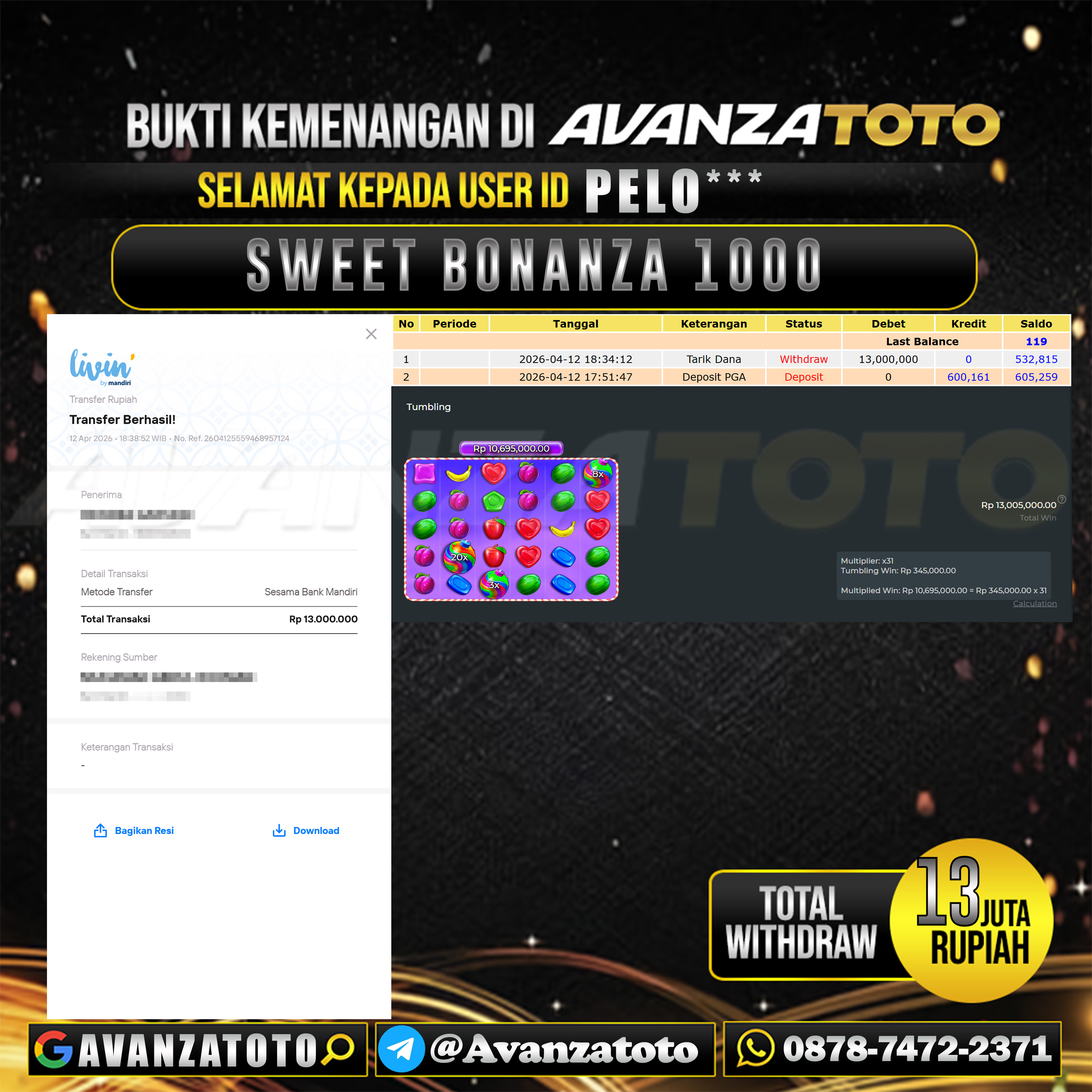 AVANZATOTO JACKPOT SLOT SWEET BONANZA 1000 Rp.13.000.000,-LUNAS USER ID : PELO*** 