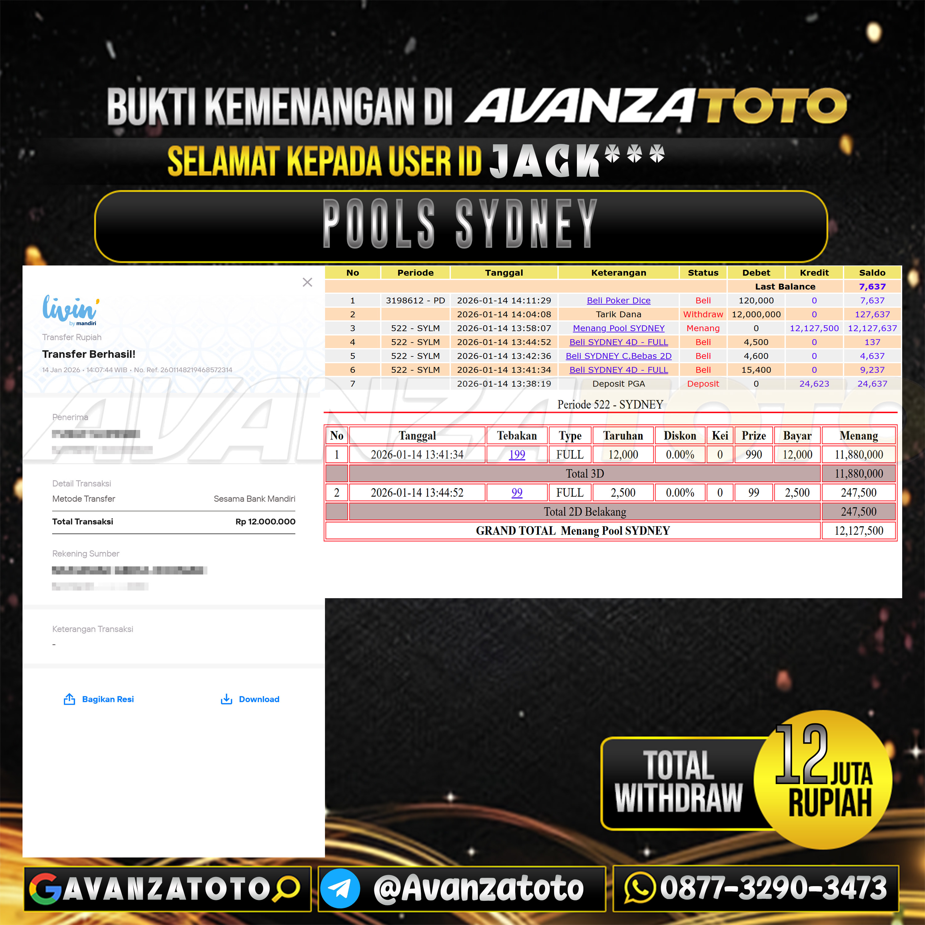 AVANZATOTO JACKPOT TOGEL PASARAN SYDNEY Rp.12.000.000,-LUNAS USER ID : JACK***