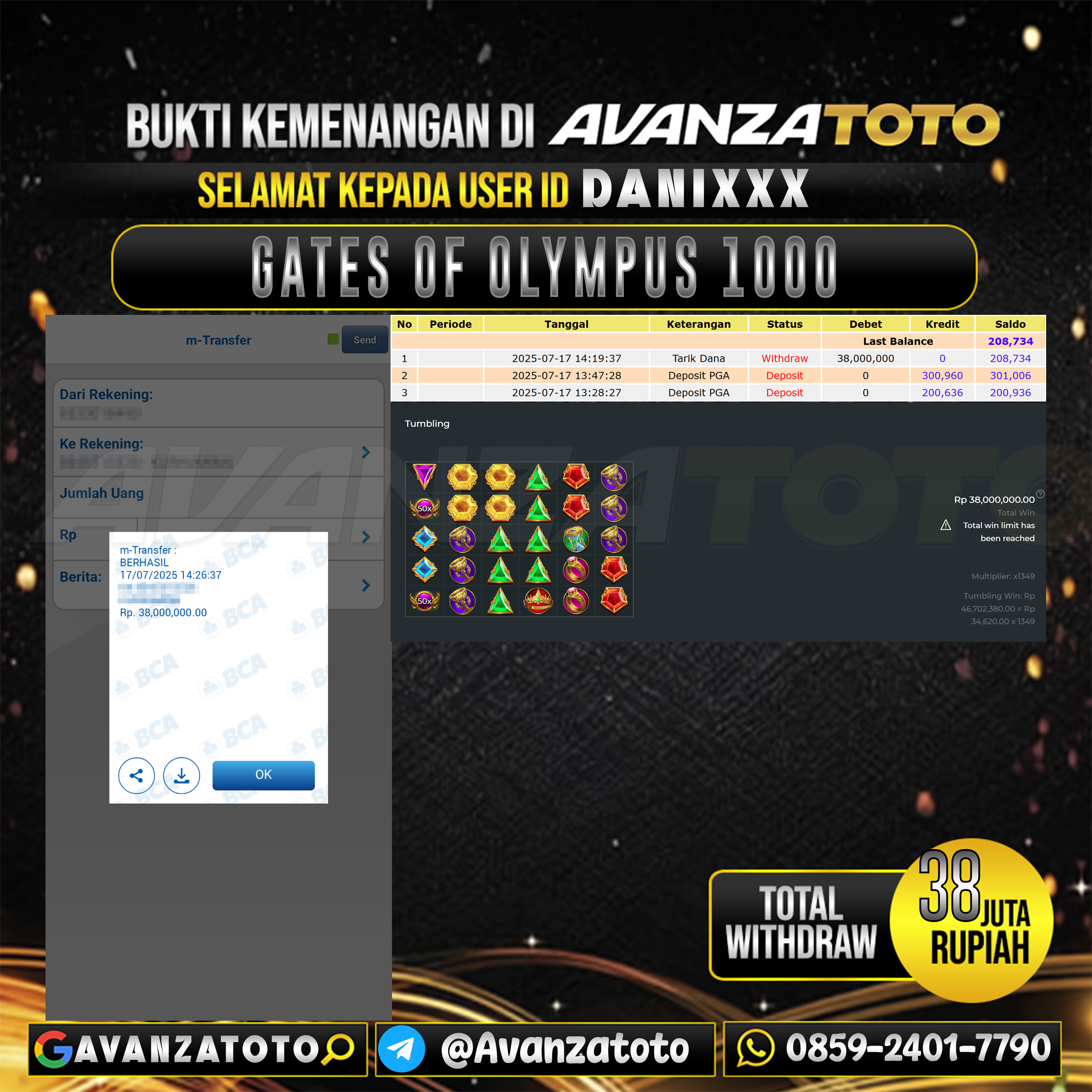 AVANZATOTO JACKPOT SLOT GATES OF OLYMPUS 1000 Rp.-38.000.000,-LUNAS USER ID: DANI***