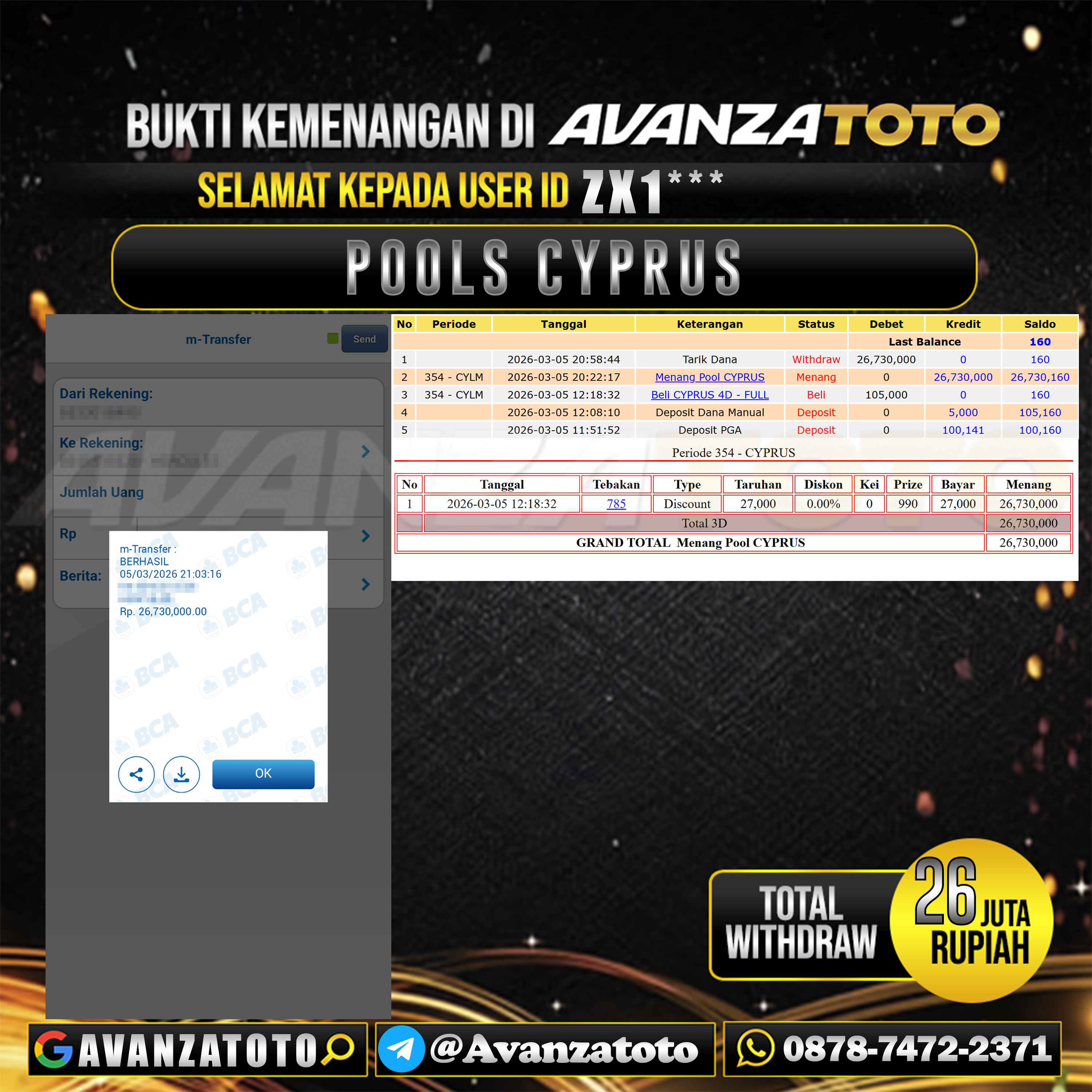 AVANZATOTO JACKPOT TOGEL PASARAN CYPRUS Rp.26.000.000,-LUNAS USER ID : ZX1*** 