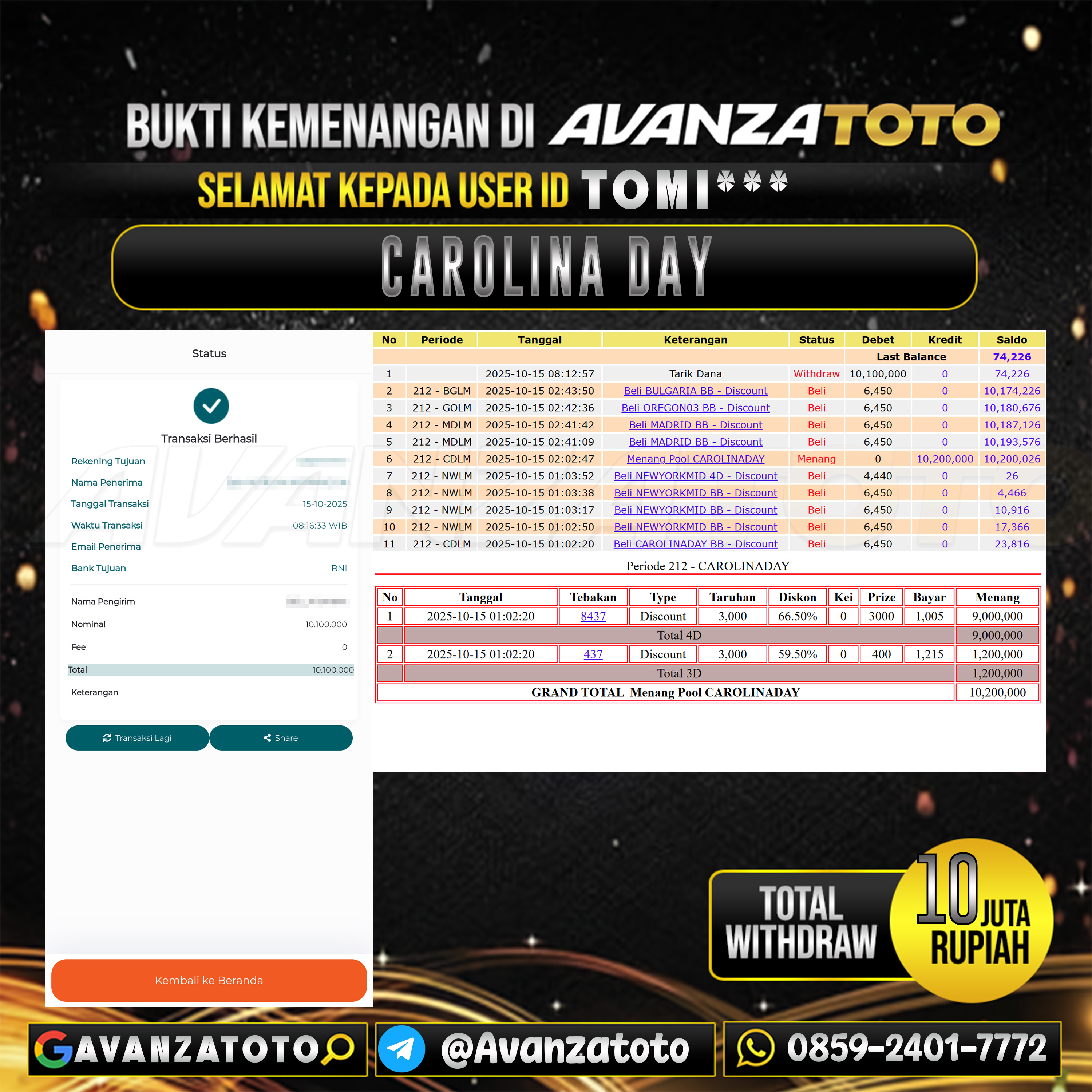 AVANZATOTO JACKPOT TOGEL PASARAN CAROLINA DAY Rp.10.000.000,-LUNAS USER ID : TOMI***
