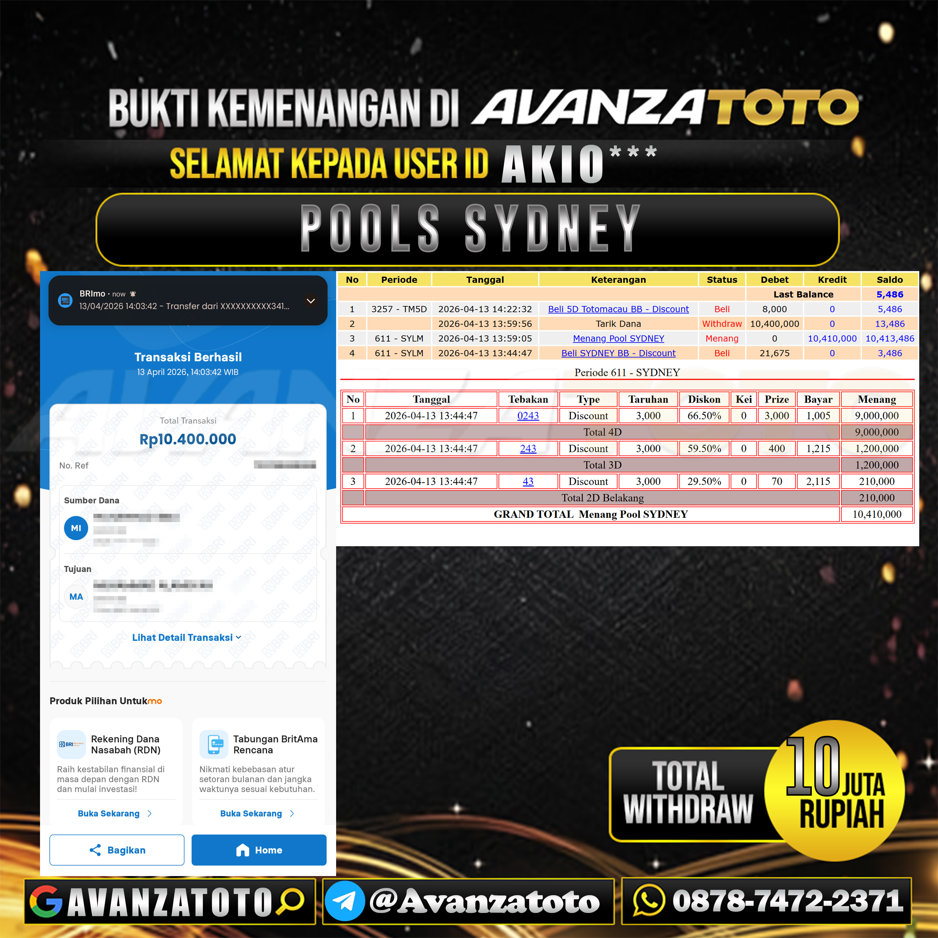 AVANZATOTO JACKPOT TOGEL PASARAN SYDNEY  Rp.10.000.000,-LUNAS USER ID : AKIO*** 