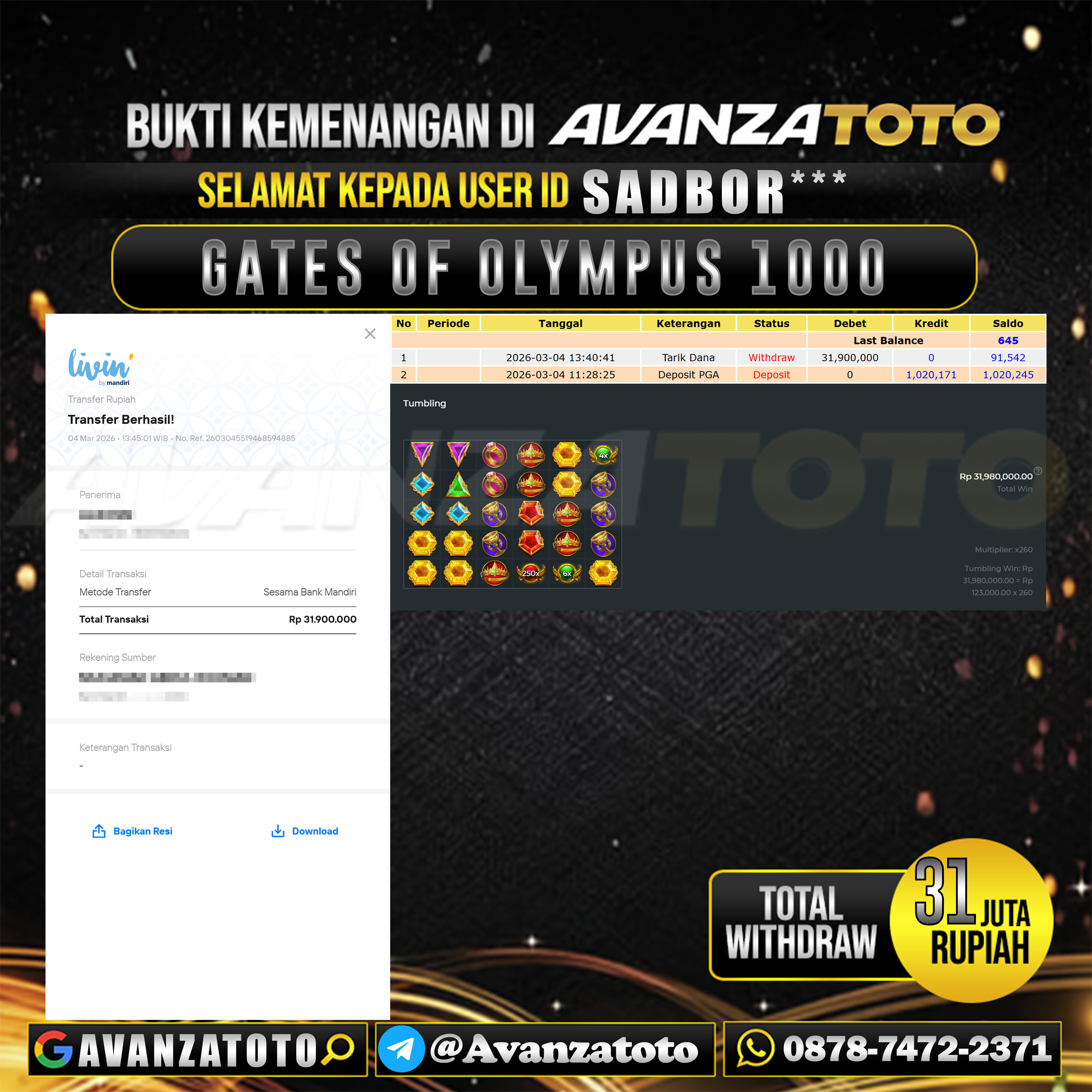 AVANZATOTO JACKPOT SLOT GATES OF OLYMPUS 1000 Rp.31.000.000,-LUNAS USER ID : SADBOR*** 