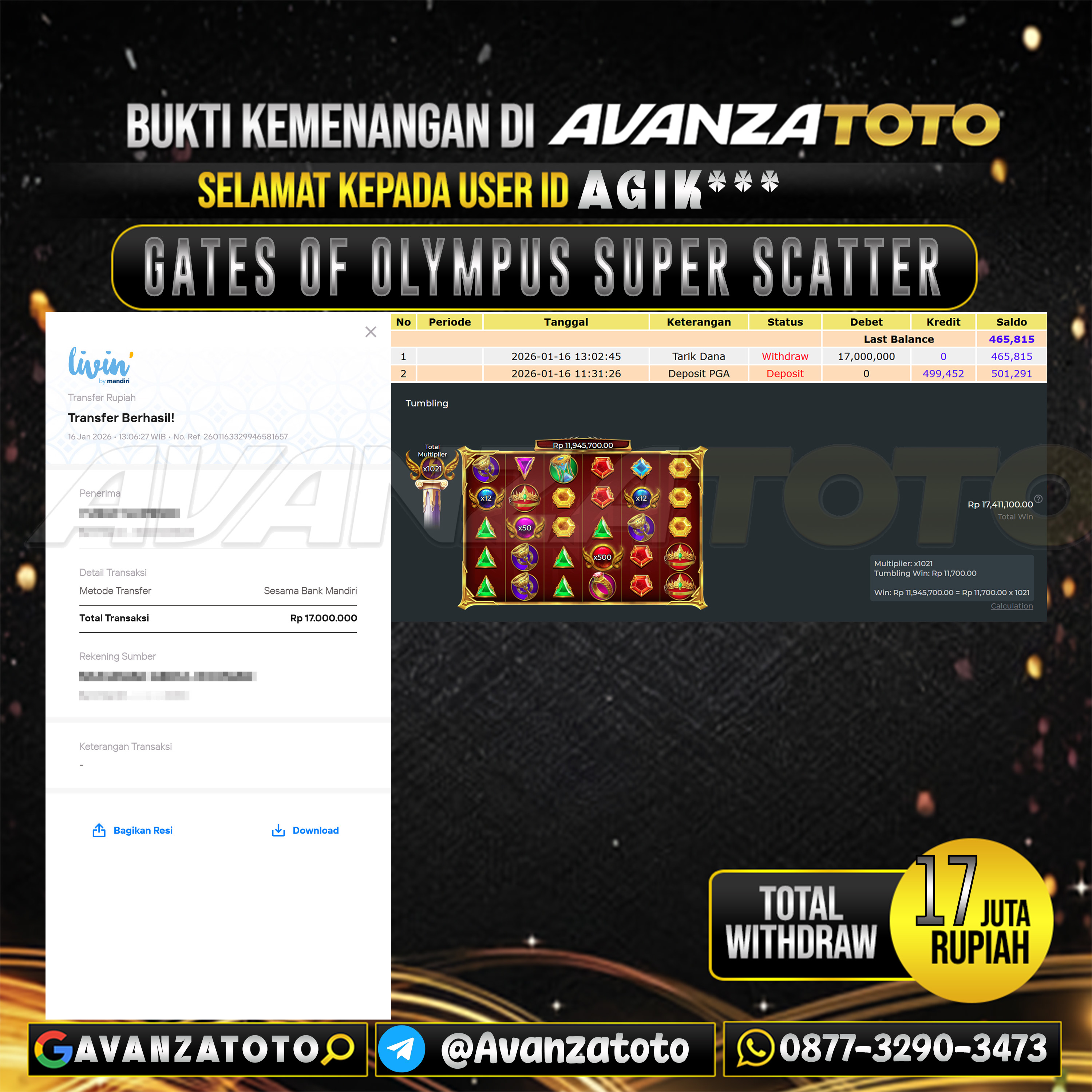AVANZATOTO JACKPOT SLOT GATES OF OLYMPUS SUPER SCATTER Rp.17.000.000,-LUNAS USER ID : AGIK***