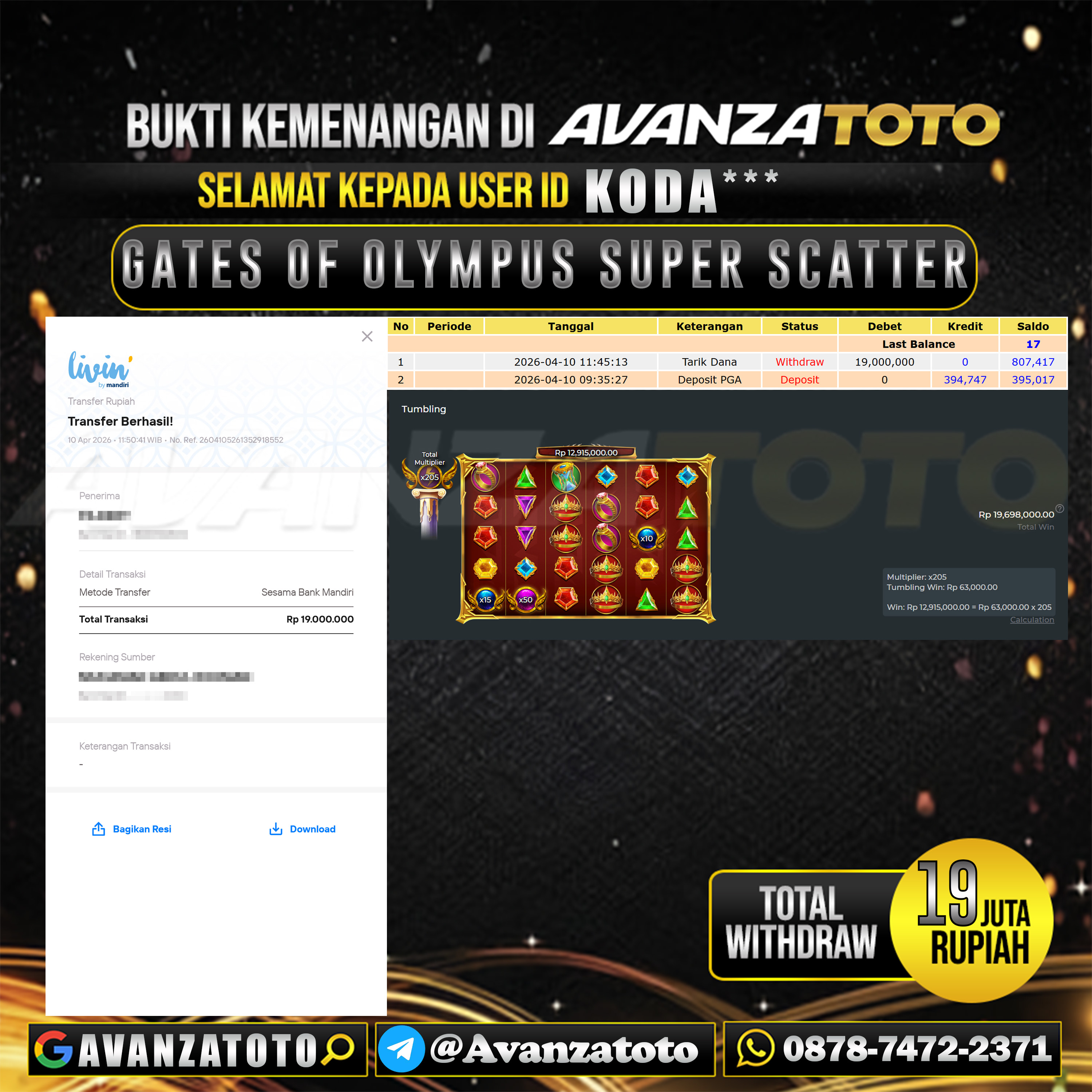 AVANZATOTO JACKPOT SLOT GATES OF OLYMPUS SUPER SCATTER Rp.19.000.000,-LUNAS USER ID : KODA*** 