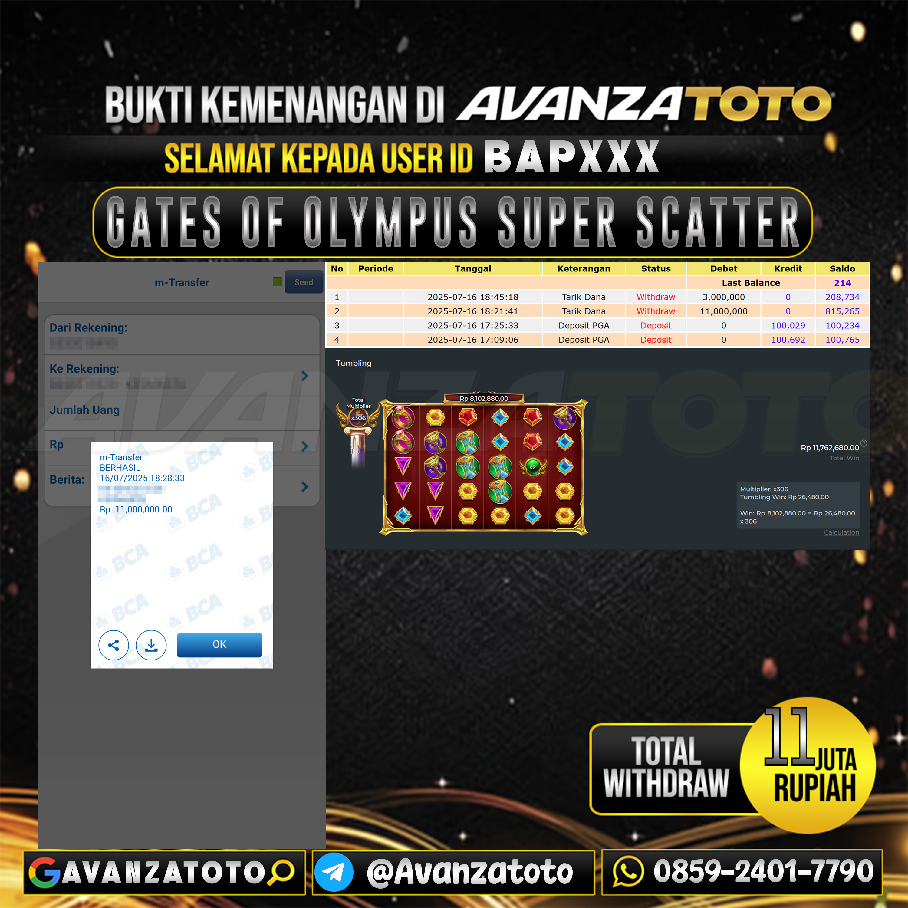 AVANZATOTO JACKPOT SLOT GATES OF OLYMPUS SUPER SCATTER Rp.-11.000.000,-LUNAS USER ID: BAP***