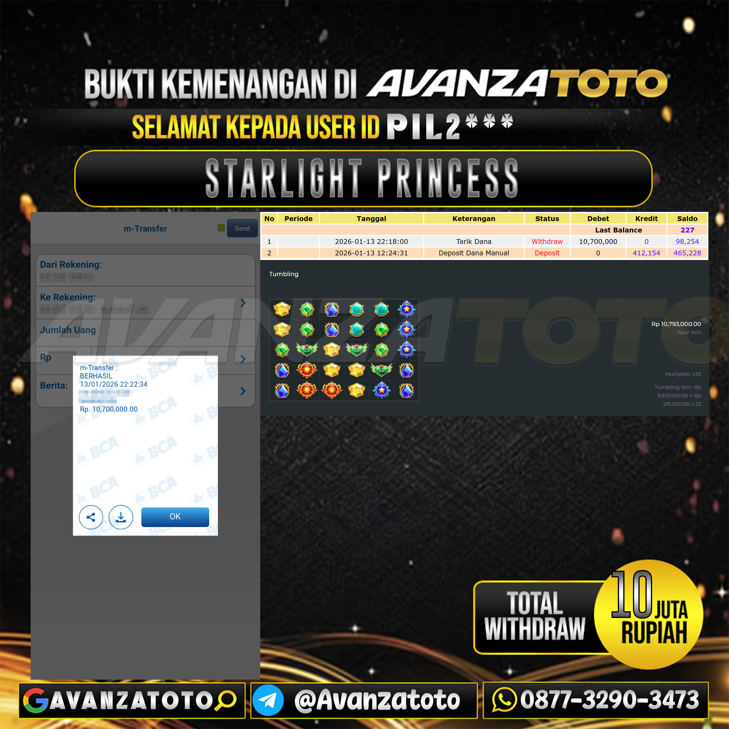 AVANZATOTO JACKPOT SLOT STARLIGHT PRINCESS Rp.10.000.000,-LUNAS USER ID : PIL2***