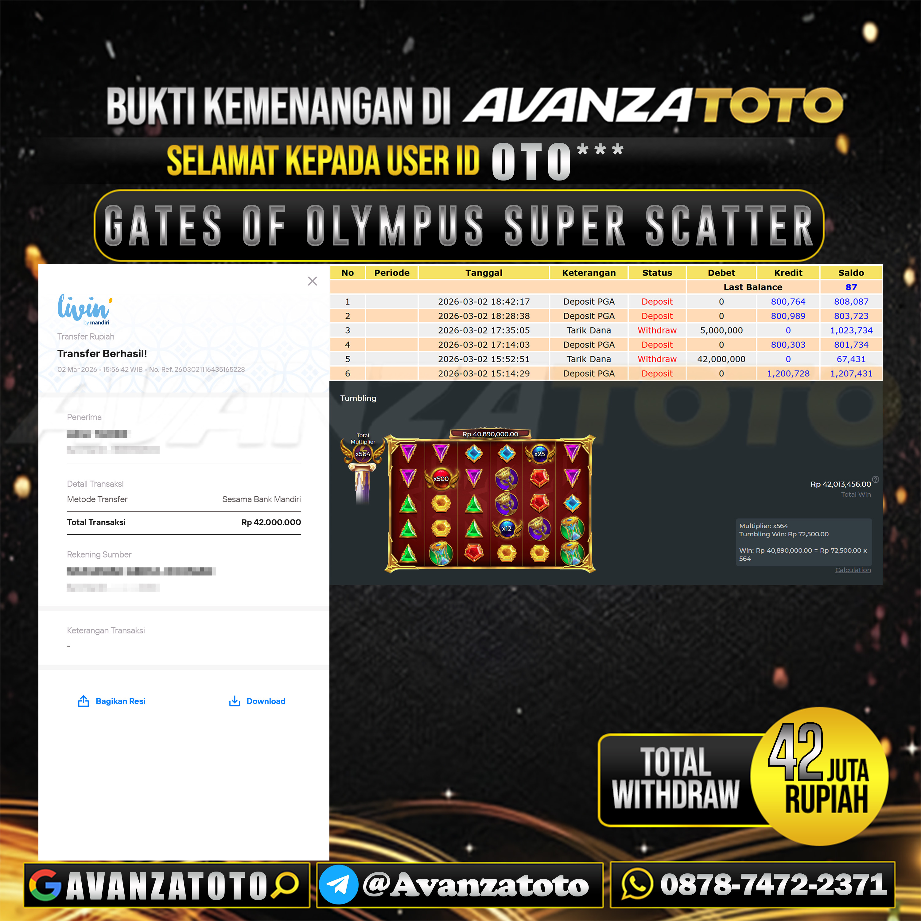 AVANZATOTO JACKPOT SLOT GATES OF OLYMPUS SUPER SCATTER Rp.42.000.000,-LUNAS USER ID : OTO*** 