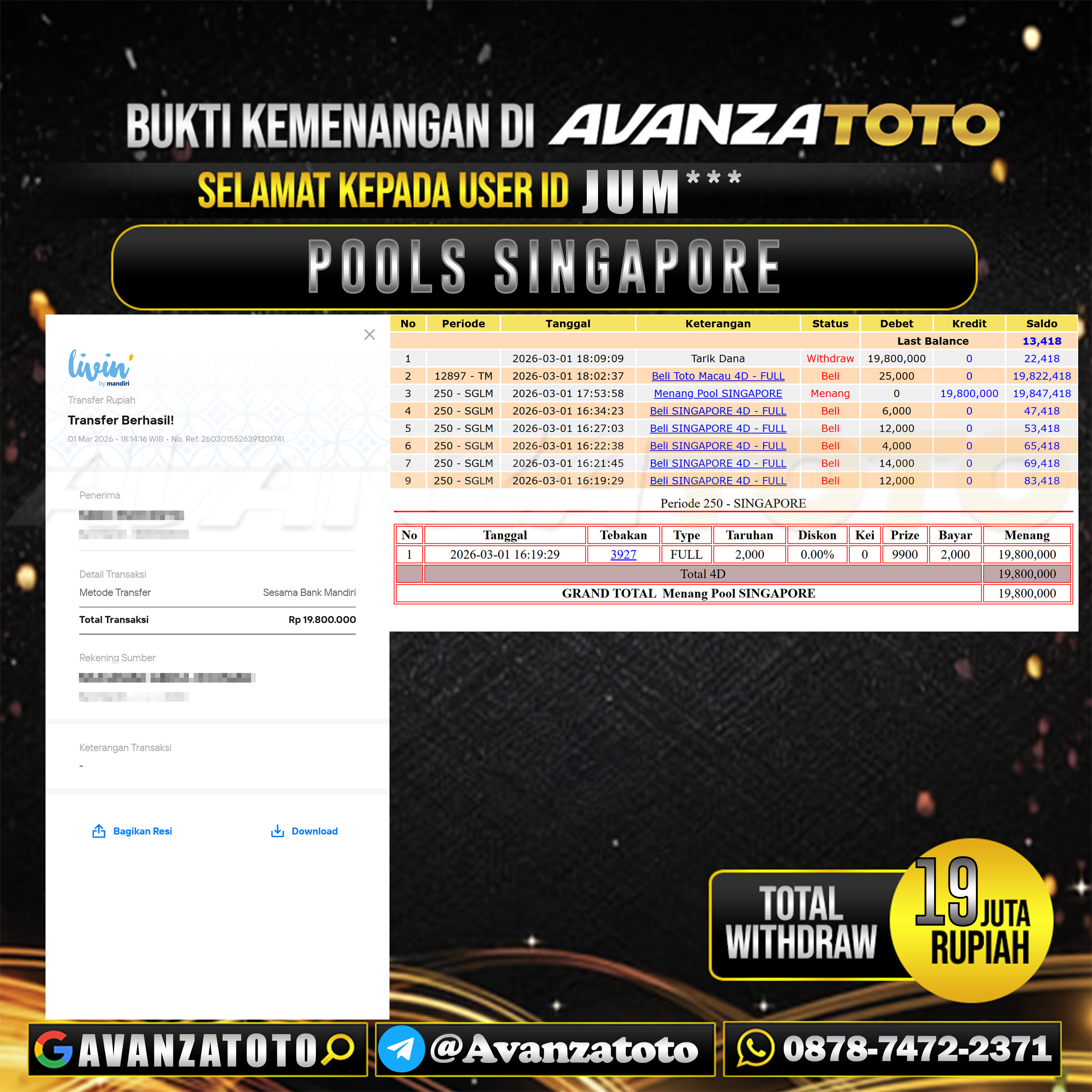 AVANZATOTO JACKPOT TOGEL PASARAN SINGAPORE Rp.19.000.000,-LUNAS USER ID : JUM*** 