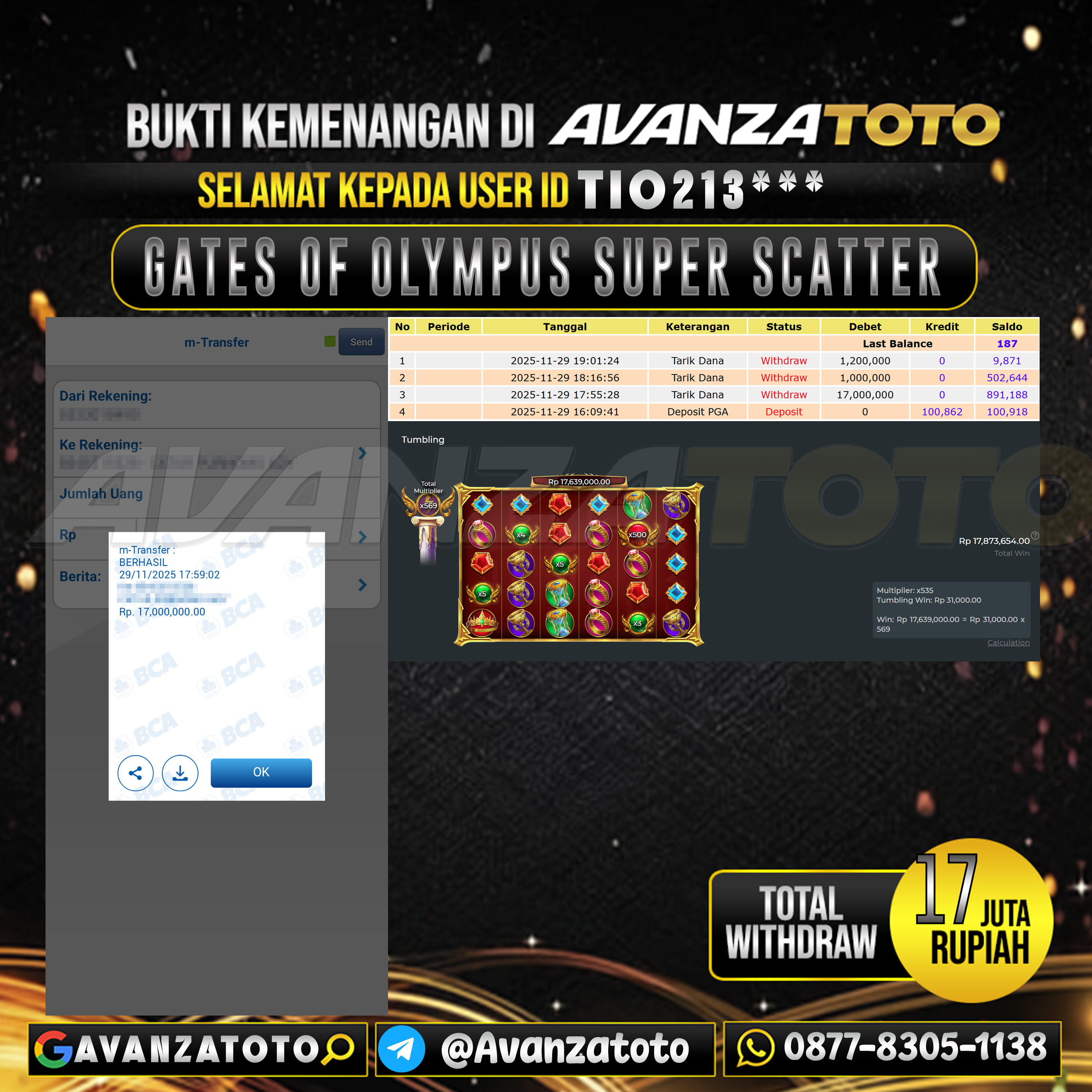 AVANZATOTO JACKPOT SLOT GATES OF OLYMPUS SUPER SCATTER Rp.17.000.000,-LUNAS USER ID : TIO213***