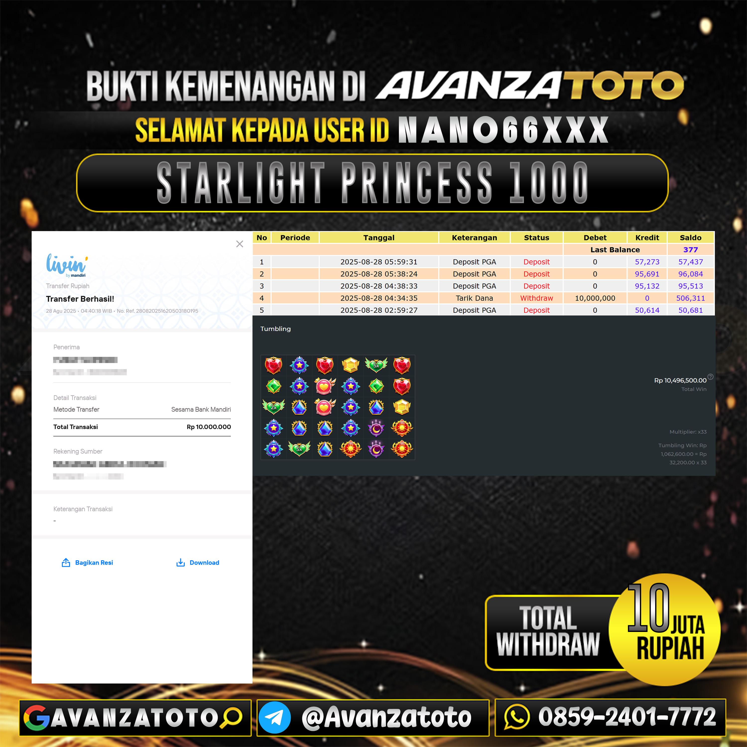 AVANZATOTO JACKPOT SLOT STARLIGHT PRINCESS 1000 Rp.-10.000.000,-LUNAS USER ID: NANO66***