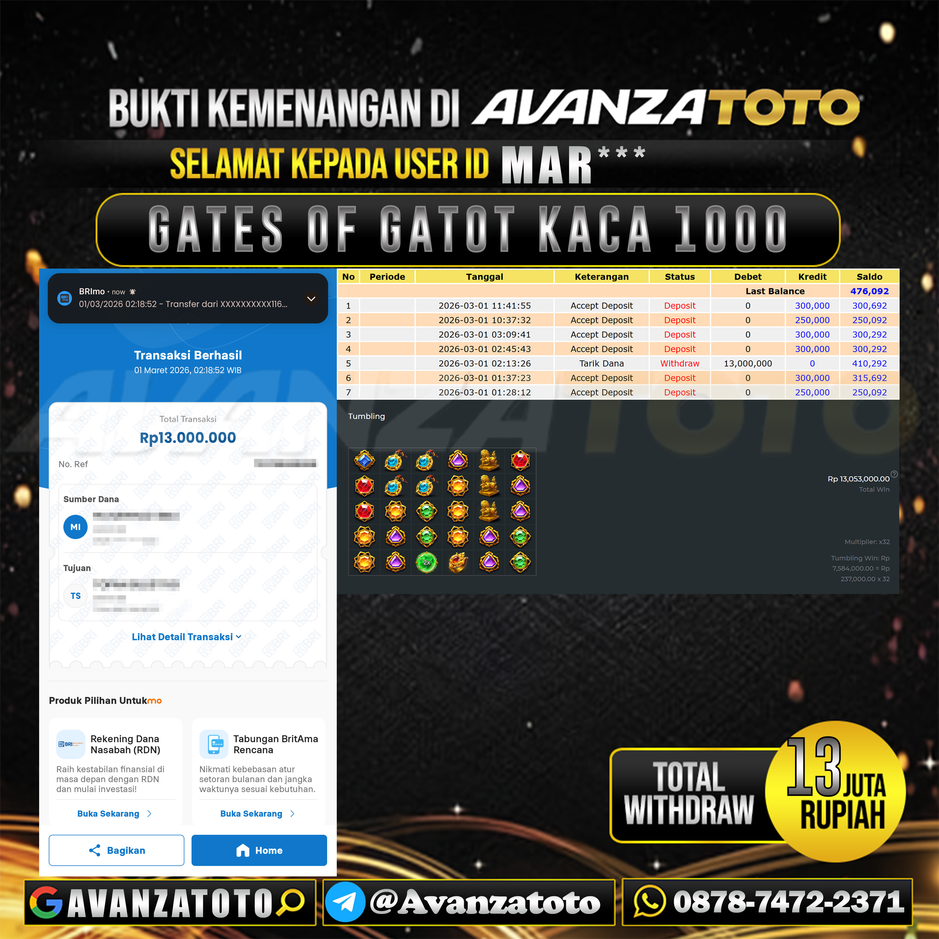 AVANZATOTO JACKPOT SLOT GATES OF GATOT KACA 1000 Rp.13.000.000,-LUNAS USER ID : MAR*** 