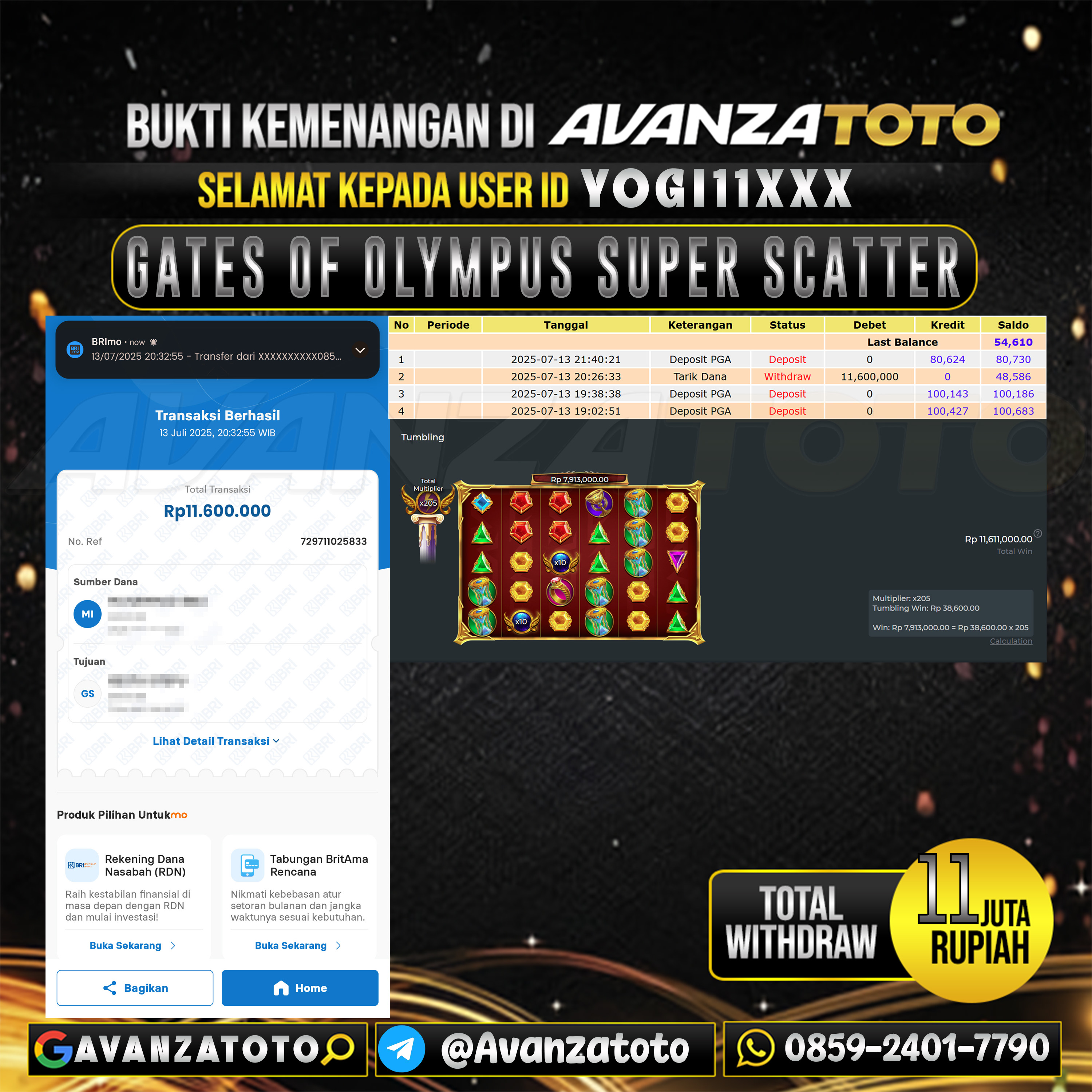 AVANZATOTO JACKPOT SLOT GATES OF OLYMPUS SUPER SCATTER Rp.-11.000.000,-LUNAS USER ID: YOGI11***