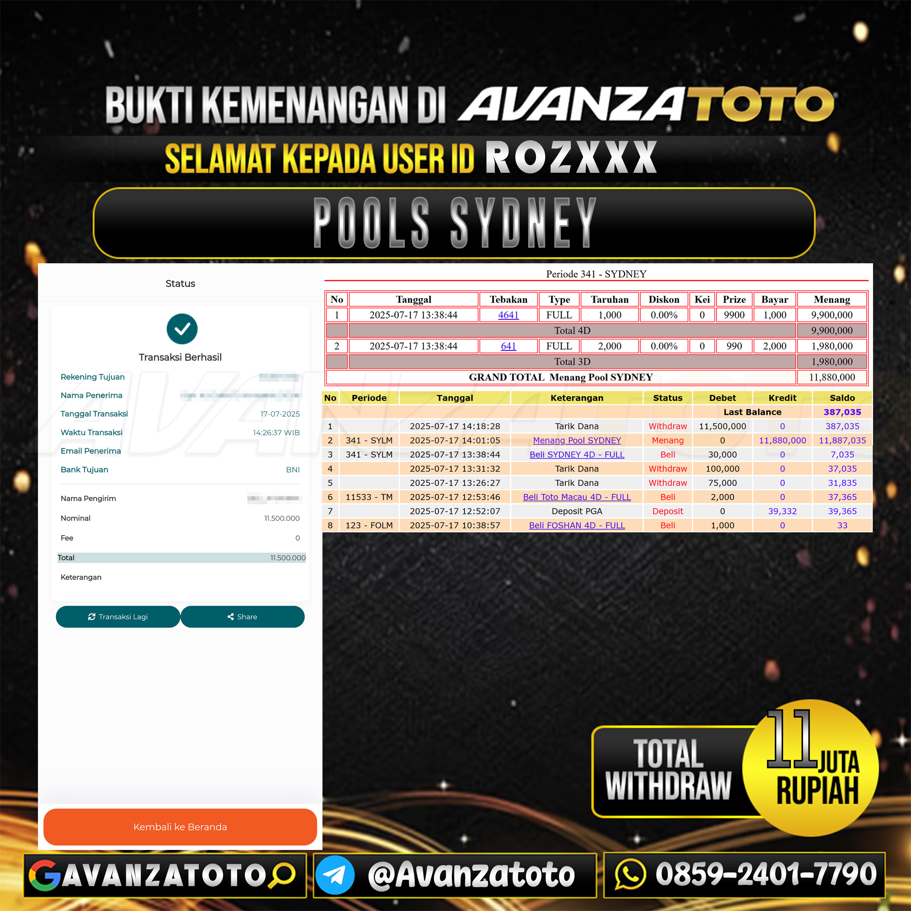 AVANZATOTO JACKPOT TOGEL PASARAN SYDNEY Rp.-11.000.000,-LUNAS USER ID: ROZ***