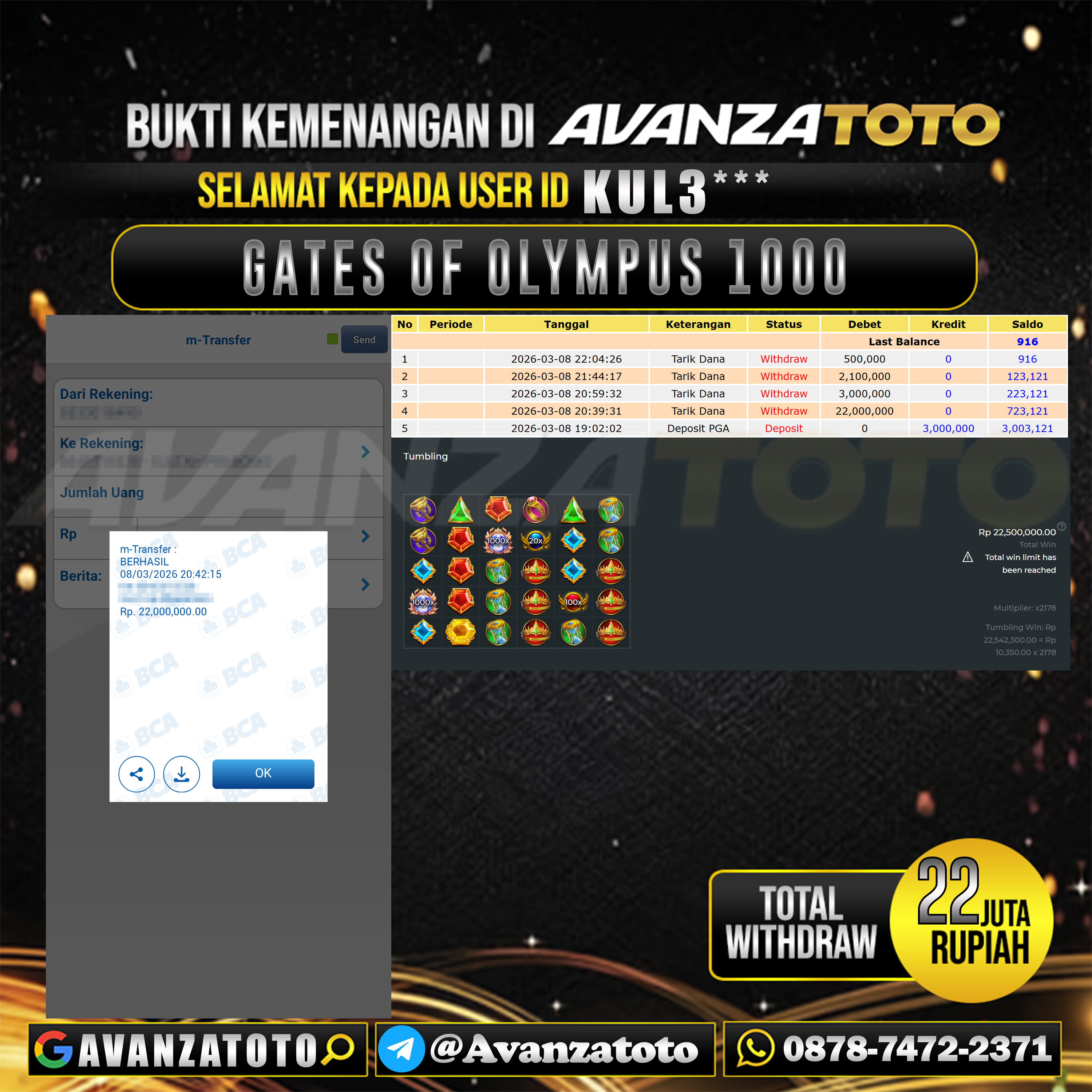 AVANZATOTO JACKPOT SLOT GATES OF OLYMPUS 1000 Rp.22.000.000,-LUNAS USER ID : KUL3*** 