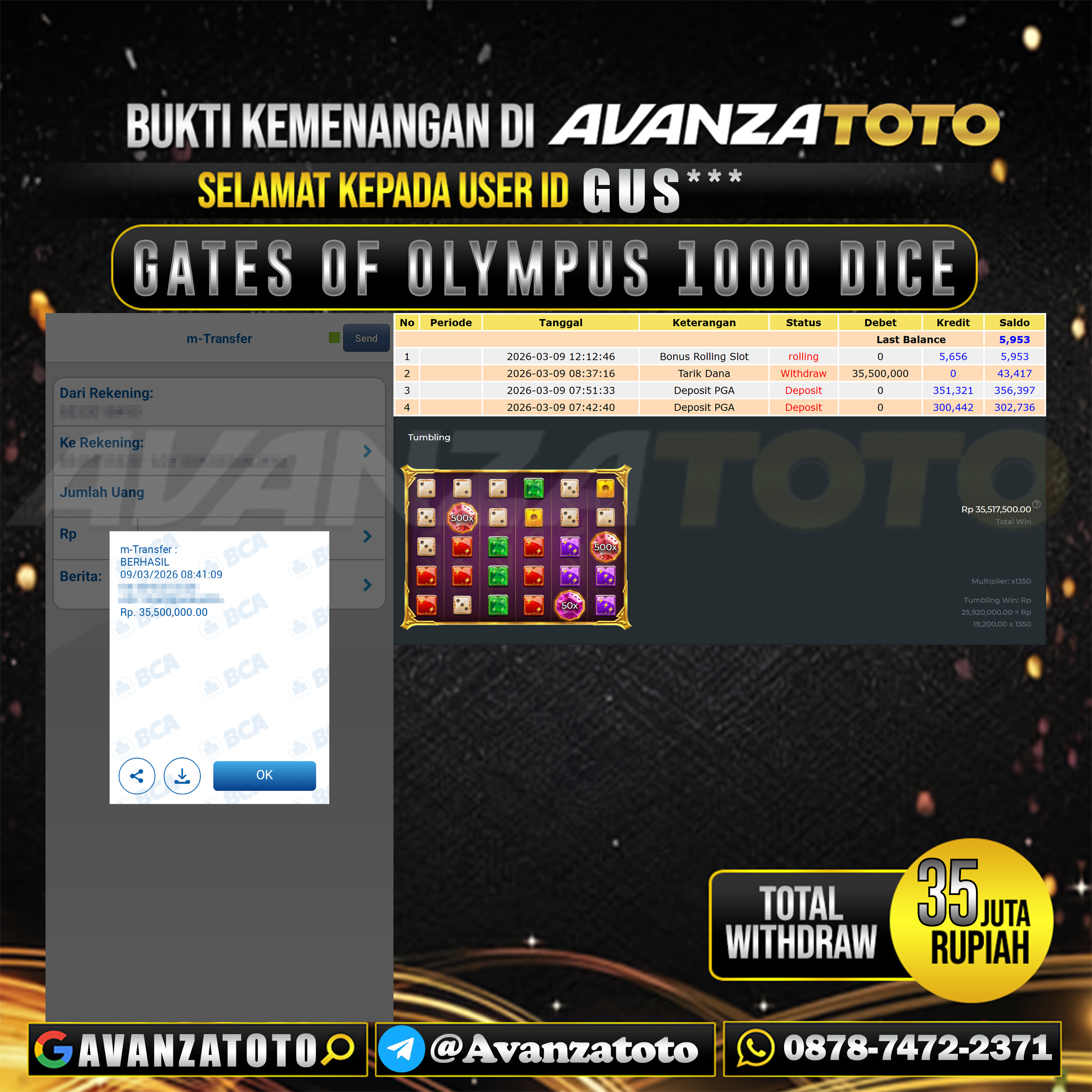 AVANZATOTO JACKPOT SLOT GATES OF OLYMPUS 1000 DICE Rp.35.000.000,-LUNAS USER ID : GUS*** 