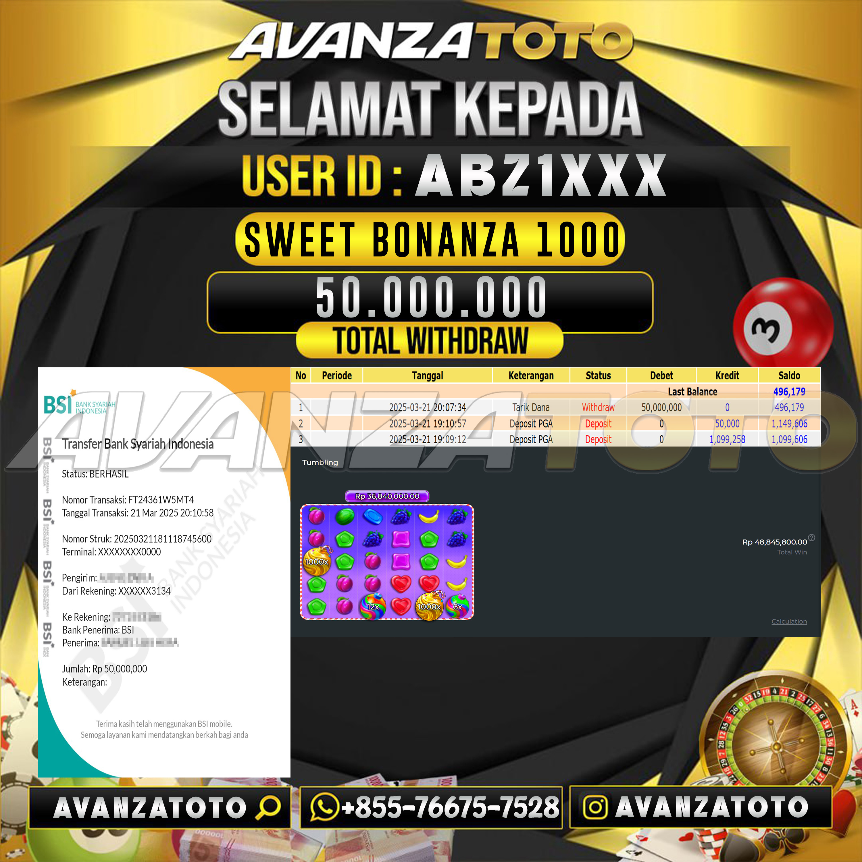 AVANZATOTO JACKPOT SLOT SWEET BONANZA 1000 Rp. 50.000.000 ,-LUNAS USER ID: ABZ1***