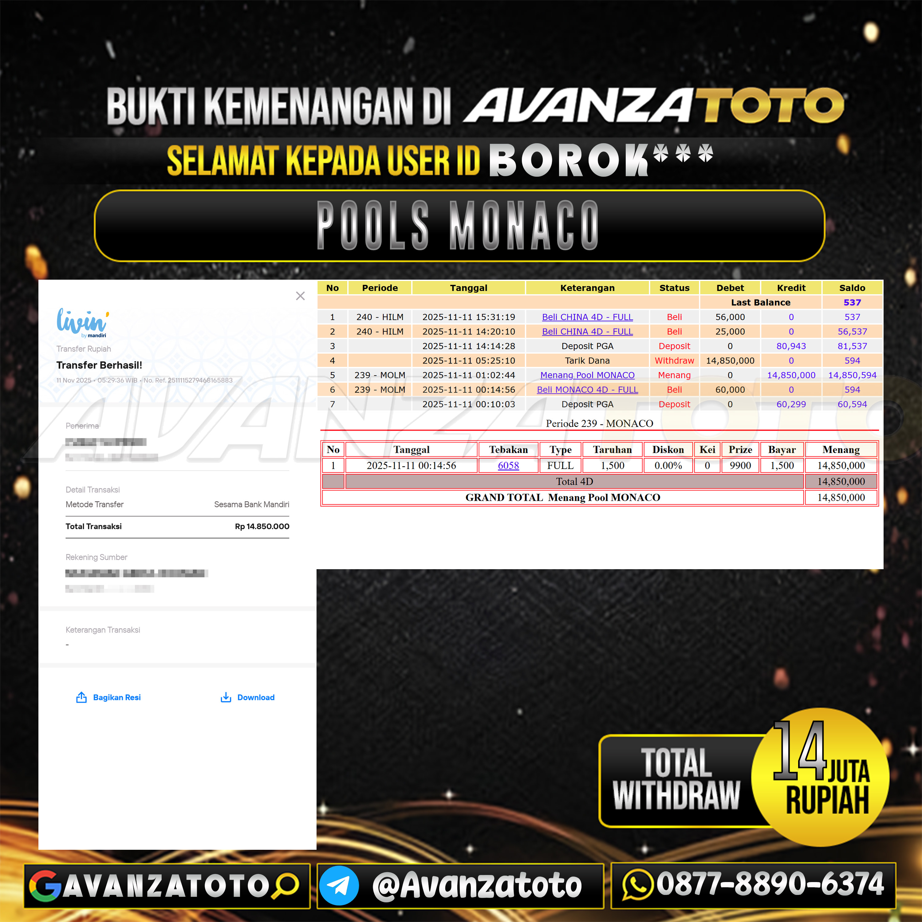 AVANZATOTO JACKPOT TOGEL PASARAN MONACO Rp.14.000.000,-LUNAS USER ID: BOROK***
