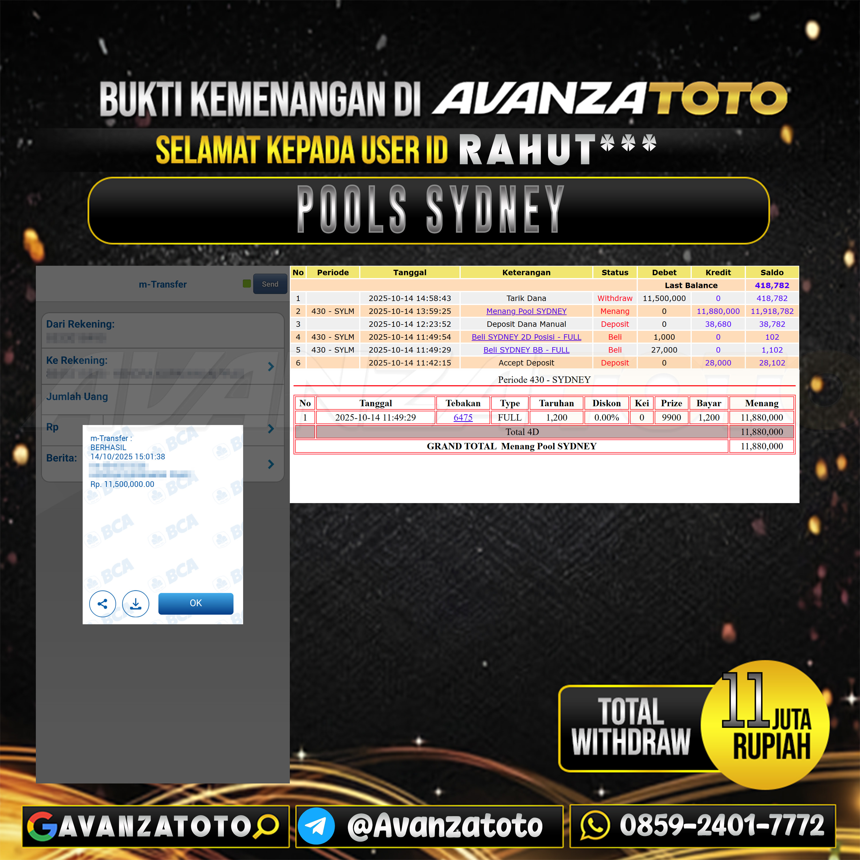 AVANZATOTO JACKPOT TOGEL PASARAN SYDNEY Rp.11.000.000,-LUNAS USER ID : RAHUT***