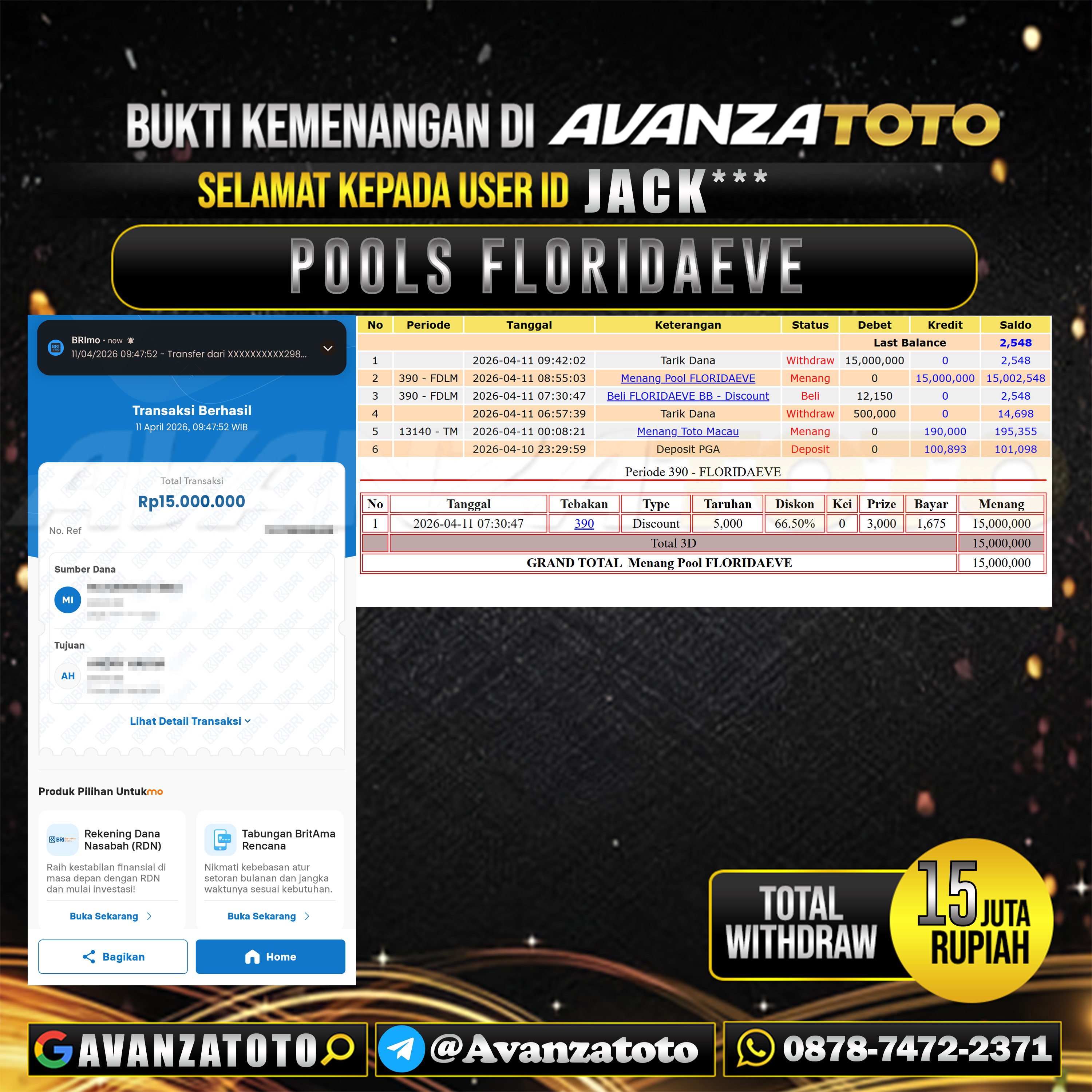 AVANZATOTO JACKPOT TOGEL PASARAN FLORIDA EVE Rp.15.000.000,-LUNAS USER ID : JACK*** 
