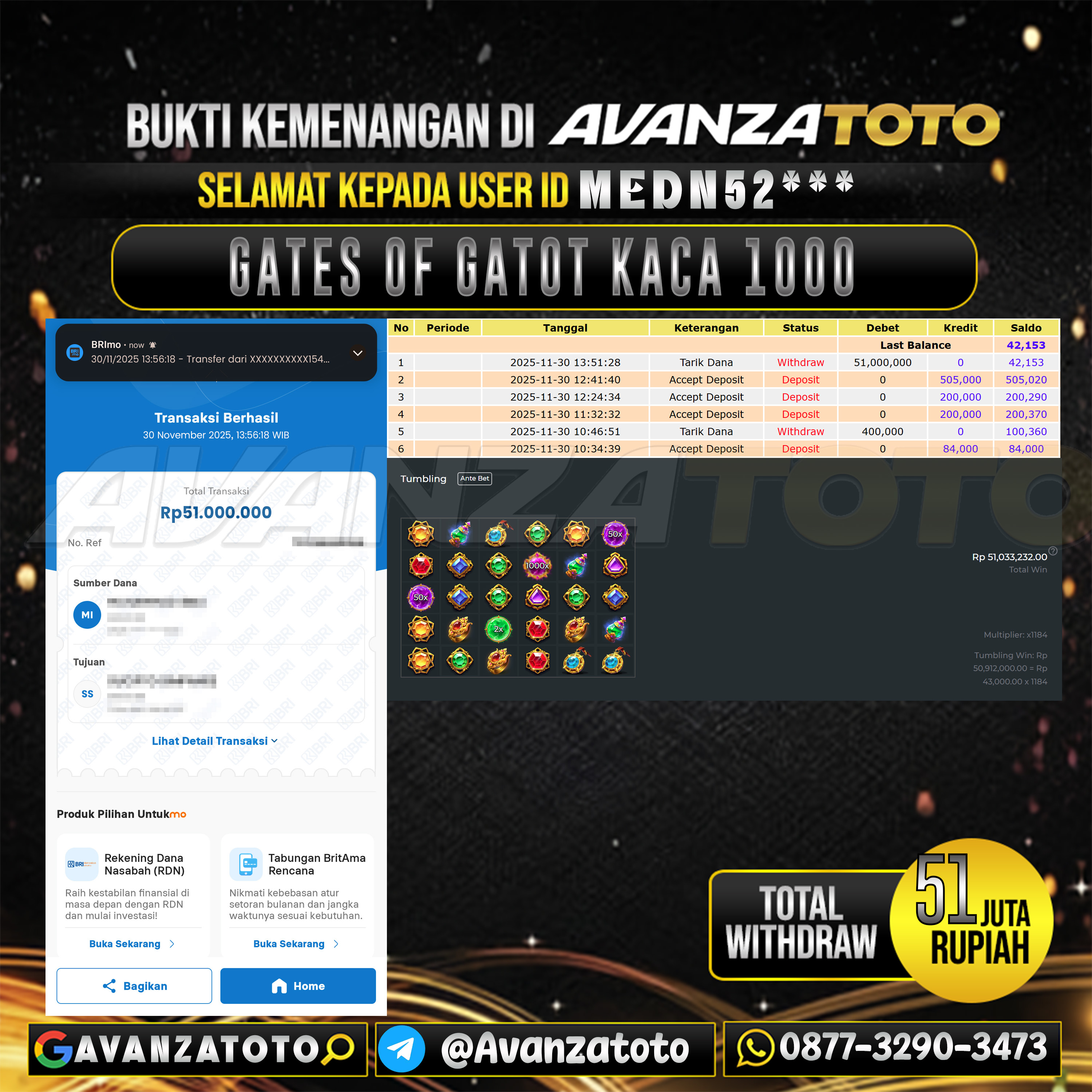 AVANZATOTO JACKPOT SLOT GATES OF GATOT KACA 1000 Rp.51.000.000,-LUNAS USER ID : MEDN52***