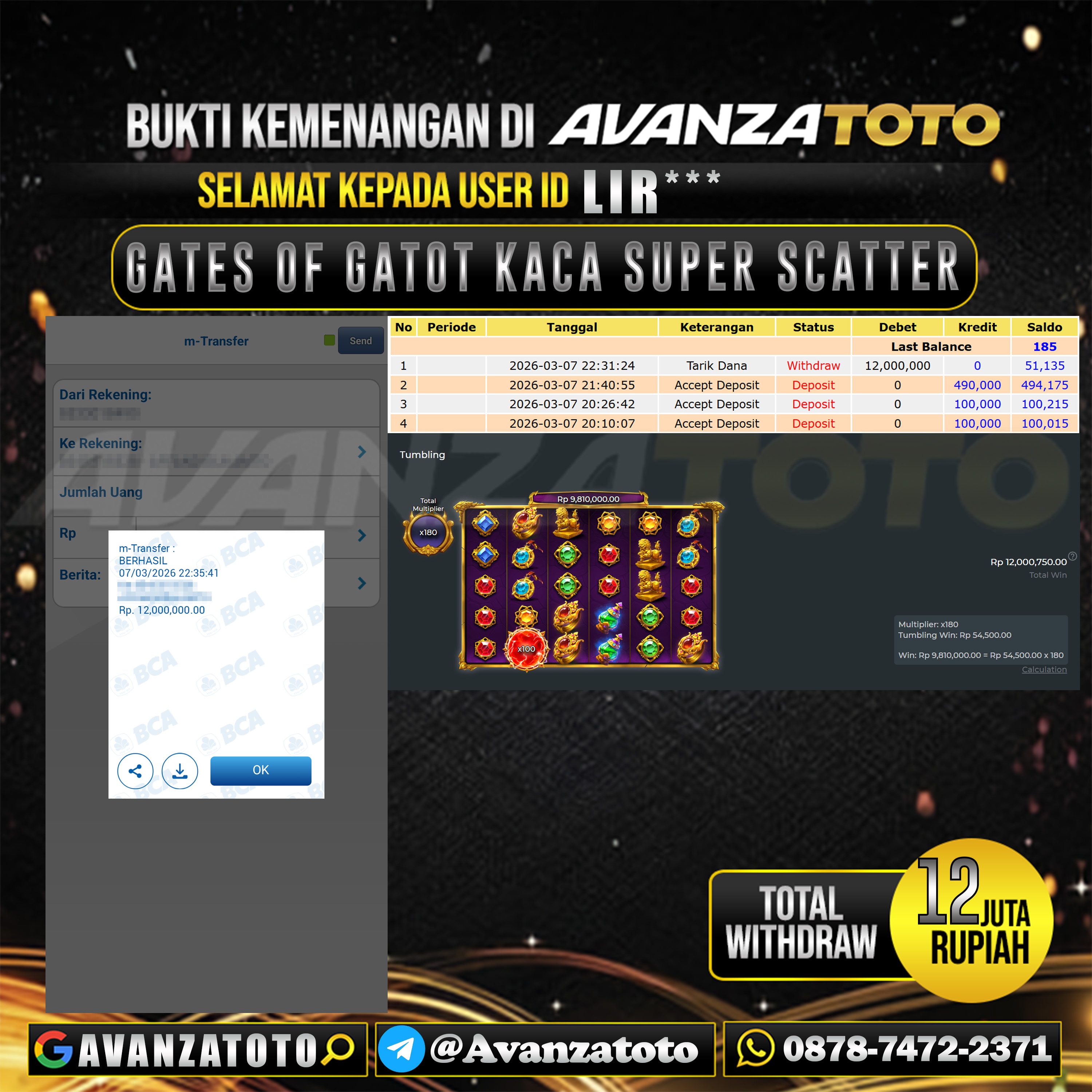 AVANZATOTO JACKPOT SLOT GATES OF GATOT KACA SUPER SCATTER Rp.12.000.000,-LUNAS USER ID : LIR*** 