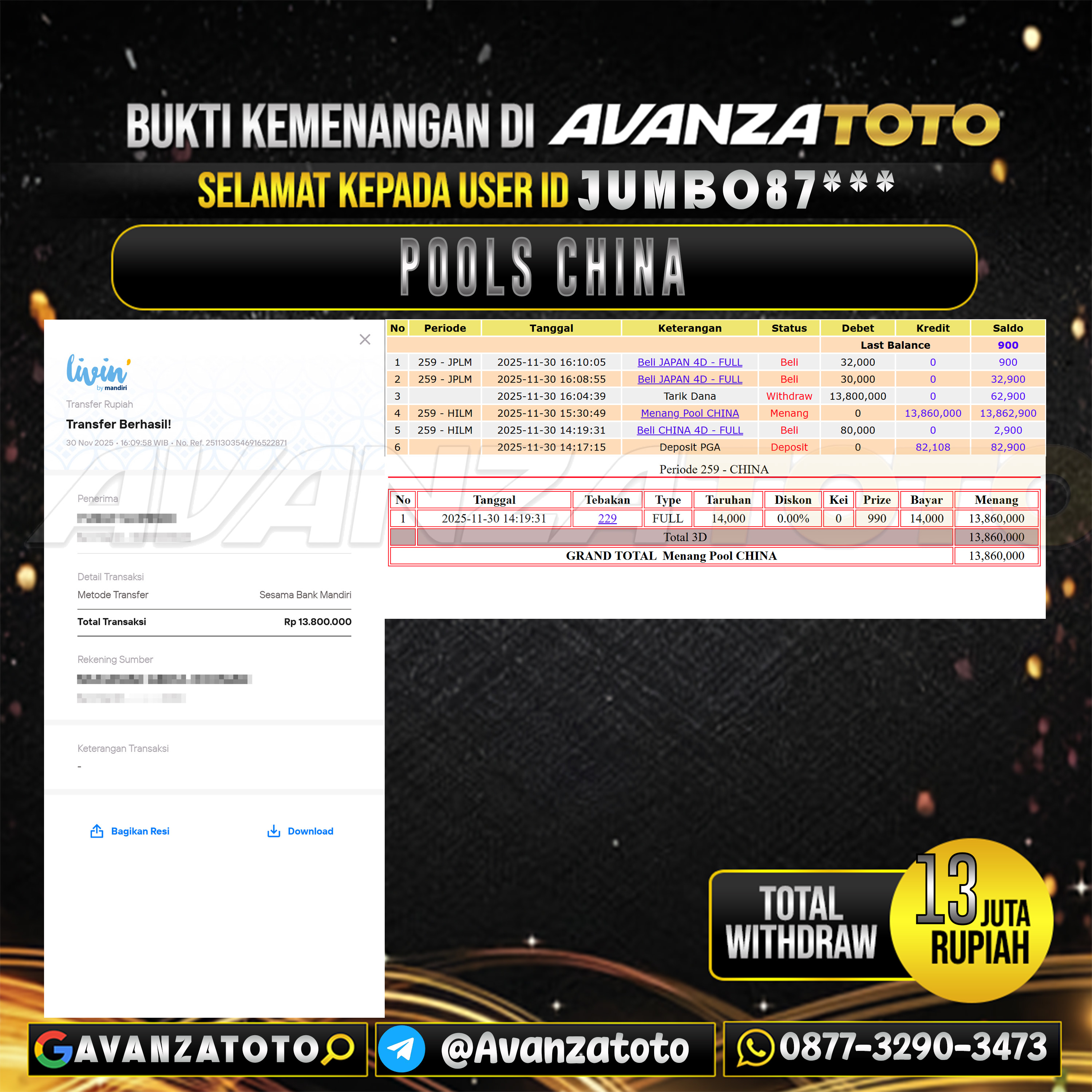 AVANZATOTO JACKPOT TOGEL PASARAN CHINA Rp.13.000.000,-LUNAS USER ID : JUMBO87***