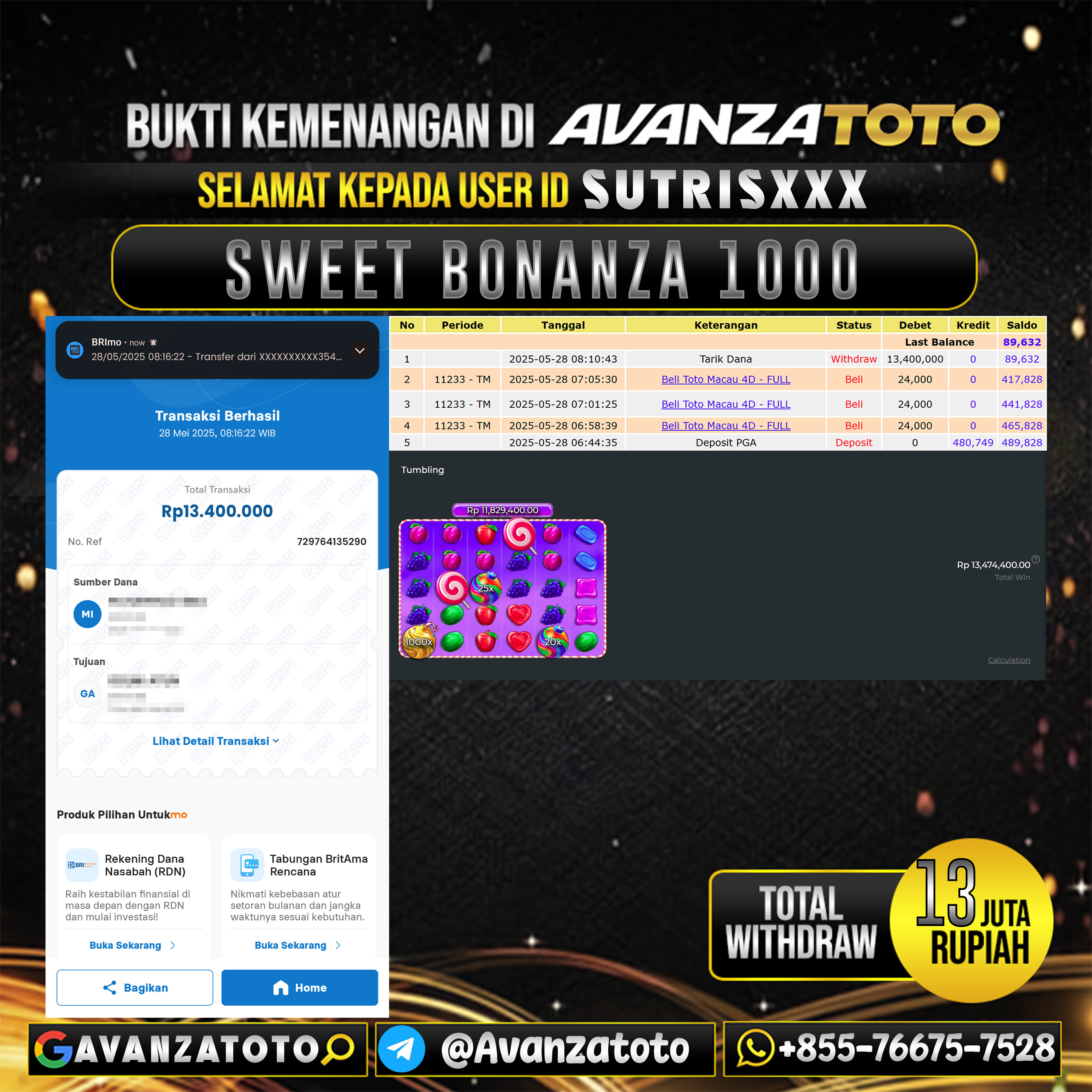 AVANZATOTO JACKPOT SLOT SWEET BONANZA 1000 Rp.13.000.000,-LUNAS USER ID: SUTRIS***