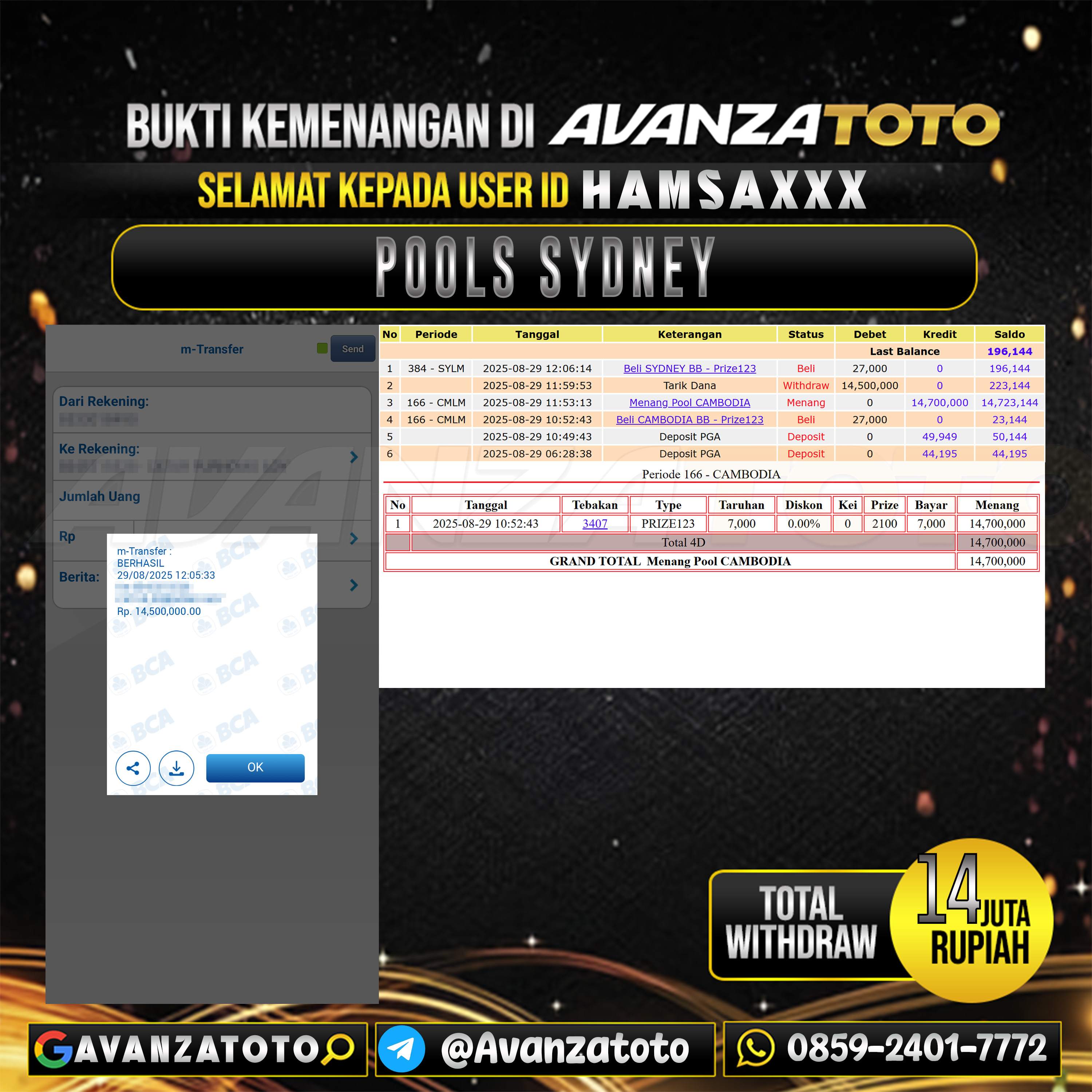 AVANZATOTO JACKPOT TOGEL PASARAN SYDNEY Rp.-14.000.000,-LUNAS USER ID : HAMSA***