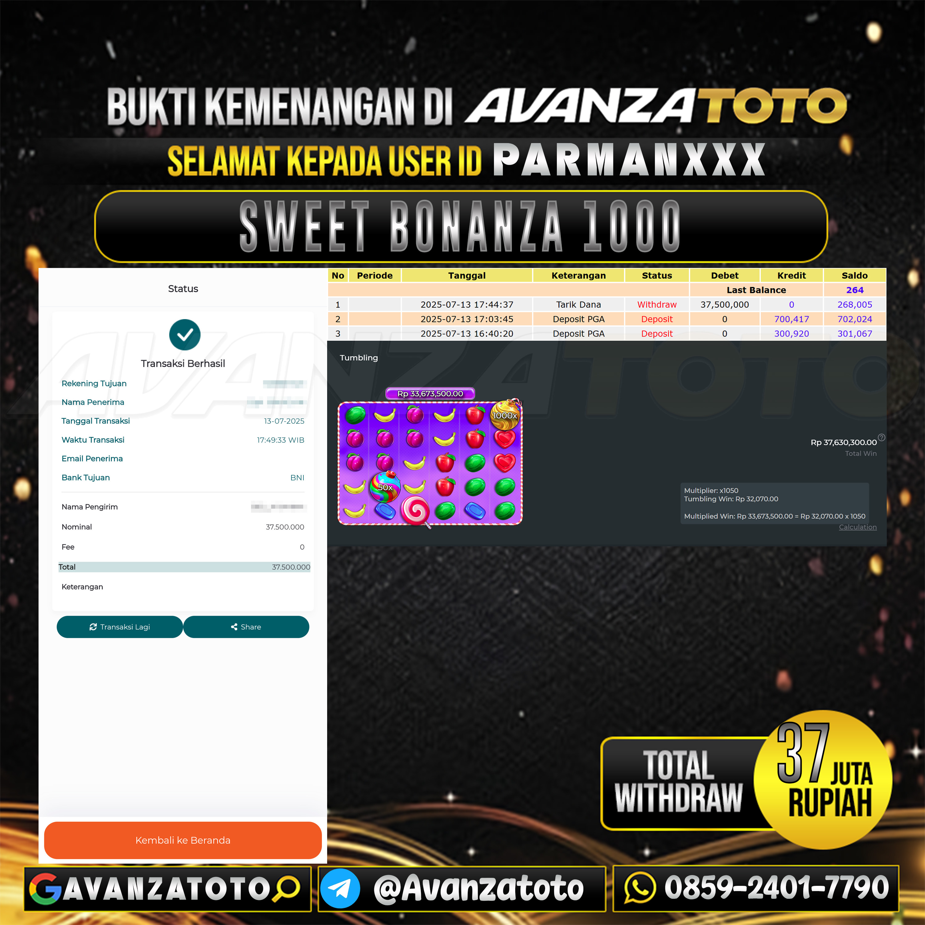 AVANZATOTO JACKPOT SLOT SWEET BONANZA 1000 Rp.-37.000.000,-LUNAS USER ID: PARMAN***