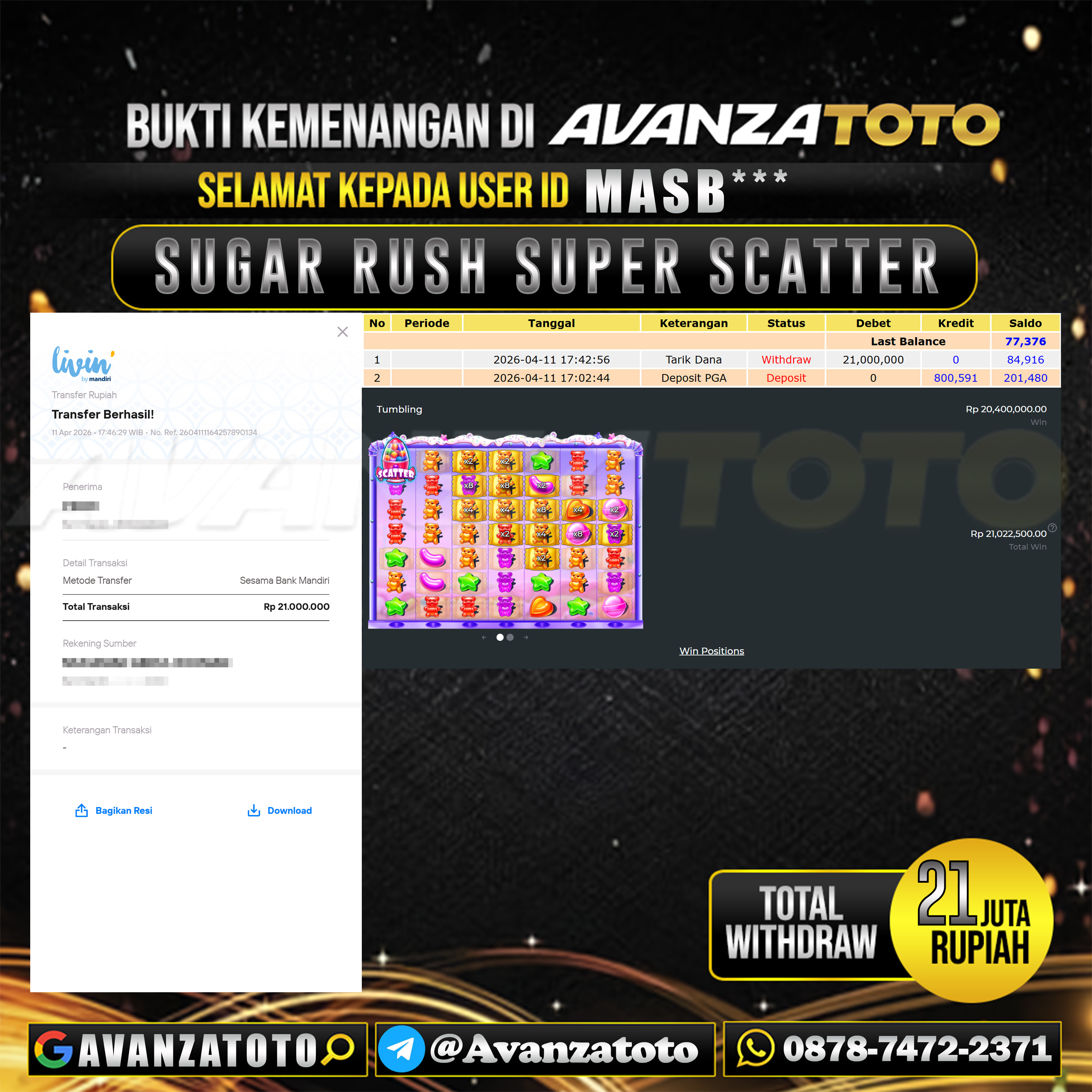 AVANZATOTO JACKPOT SLOT SUGAR RUSH SUPER SCATTER Rp.21.000.000,-LUNAS USER ID : MASB*** 