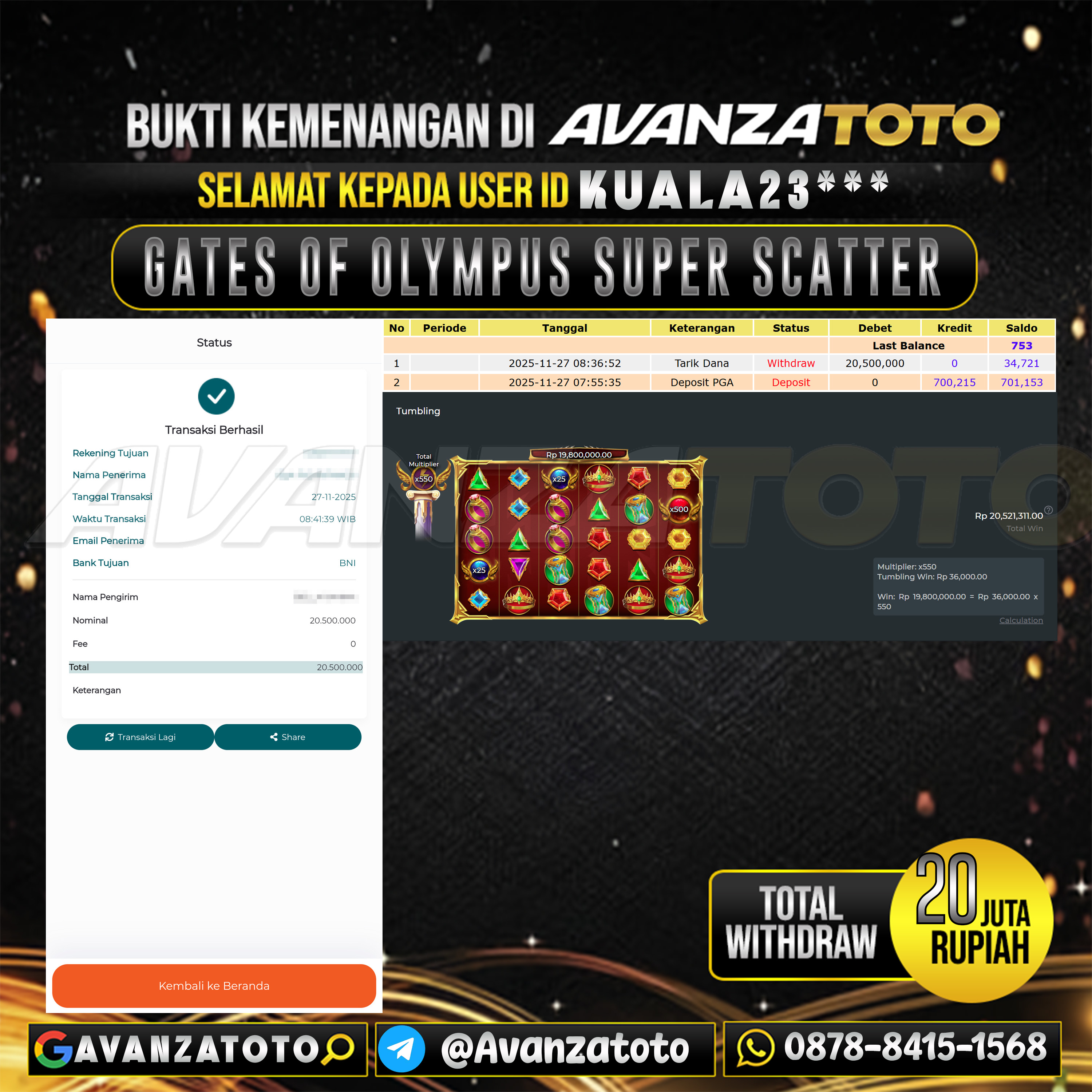 AVANZATOTO JACKPOT SLOT GATES OF OLYMPUS SUPER SCATTER Rp.20.000.000,-LUNAS USER ID : KUALA23***