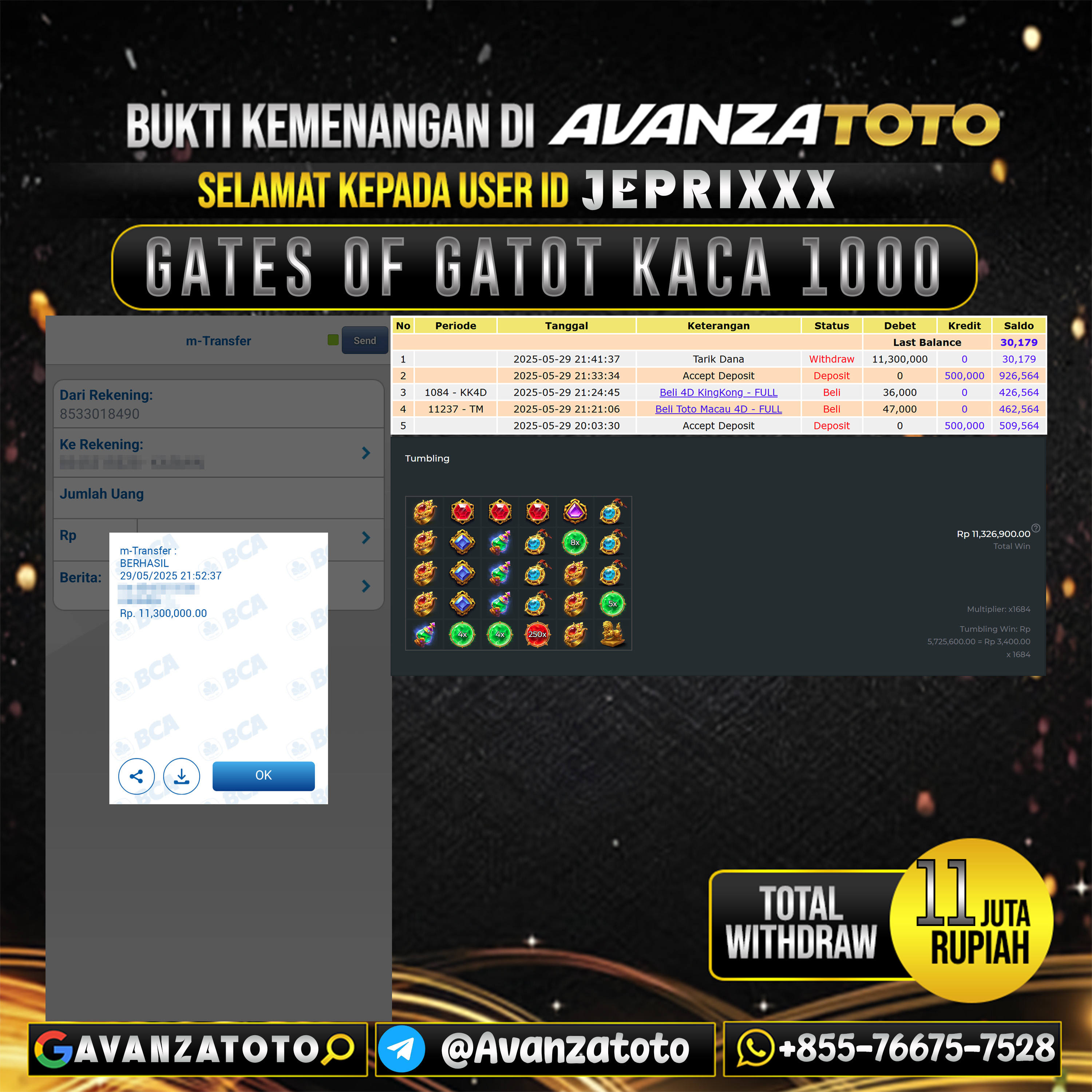 AVANZATOTO JACKPOT SLOT GATES OF GATOT KACA 1000 Rp.11.000.000,-LUNAS USER ID: JEPRI***