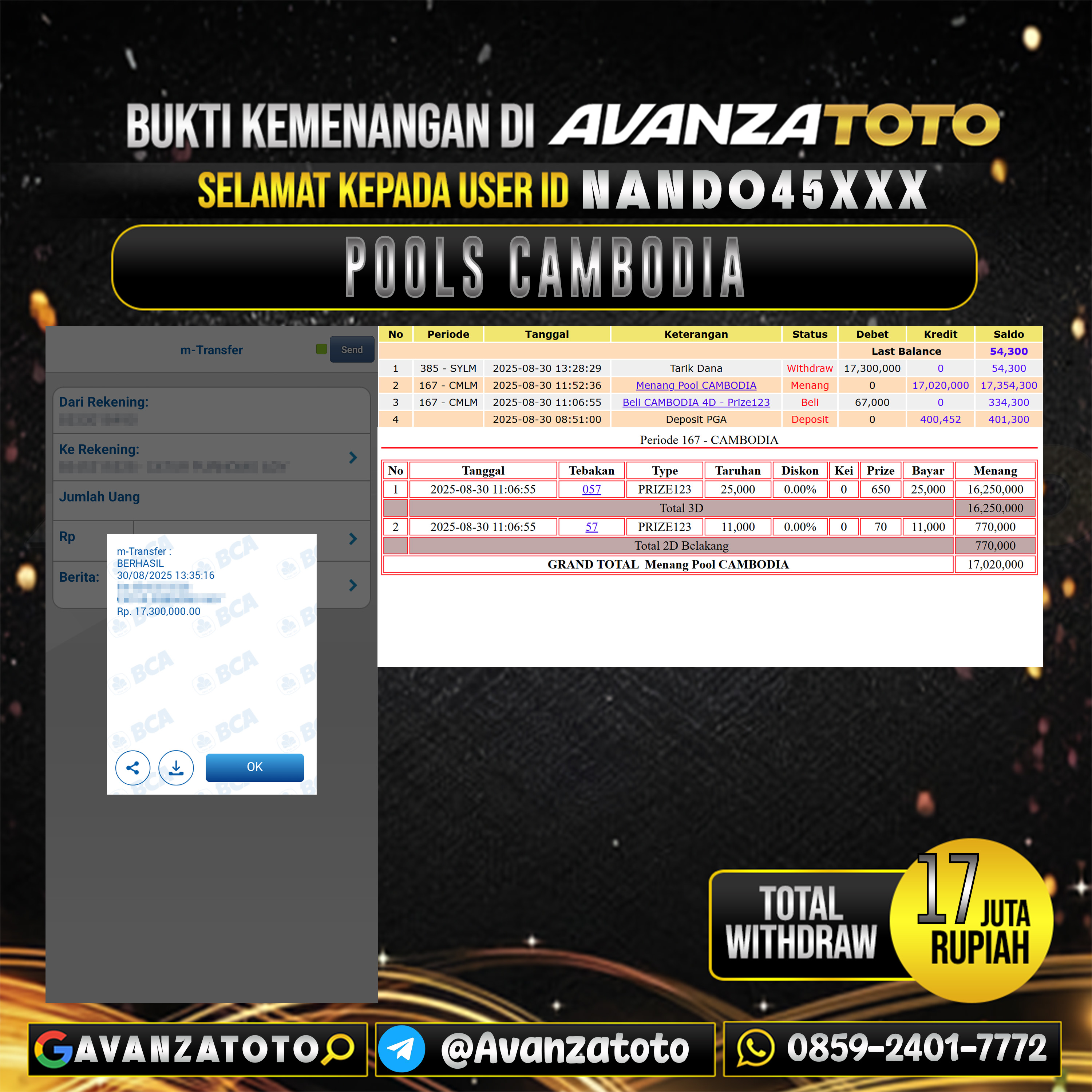 AVANZATOTO JACKPOT TOGEL PASARAN CAMBODIA Rp.-17.000.000,-LUNAS USER ID: NANDO45***