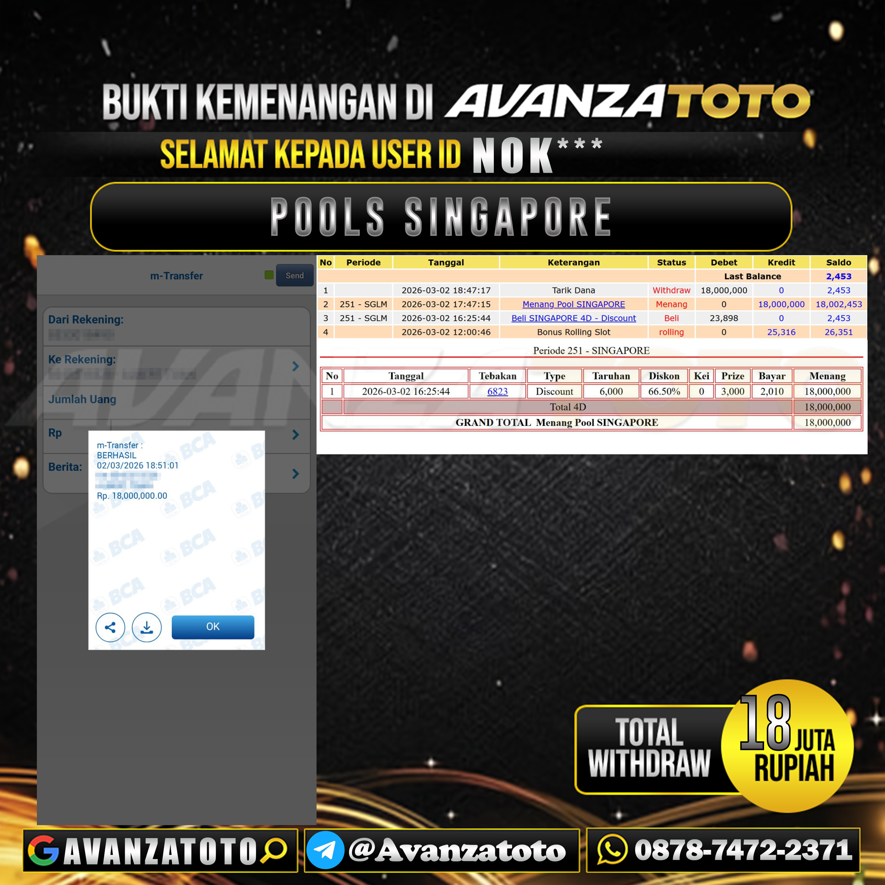 AVANZATOTO JACKPOT TOGEL PASARAN SINGAPORE Rp.18.000.000,-LUNAS USER ID : NOK*** 